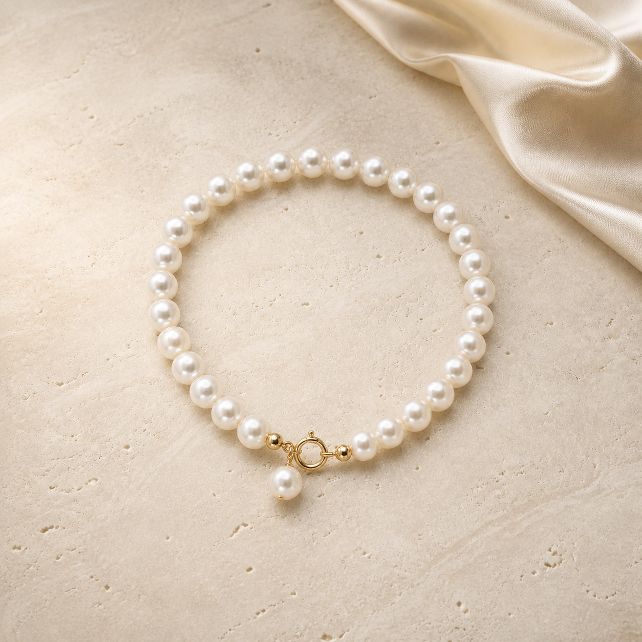 Moonlit Pearl Bracelet with gold clasp and pearl charm