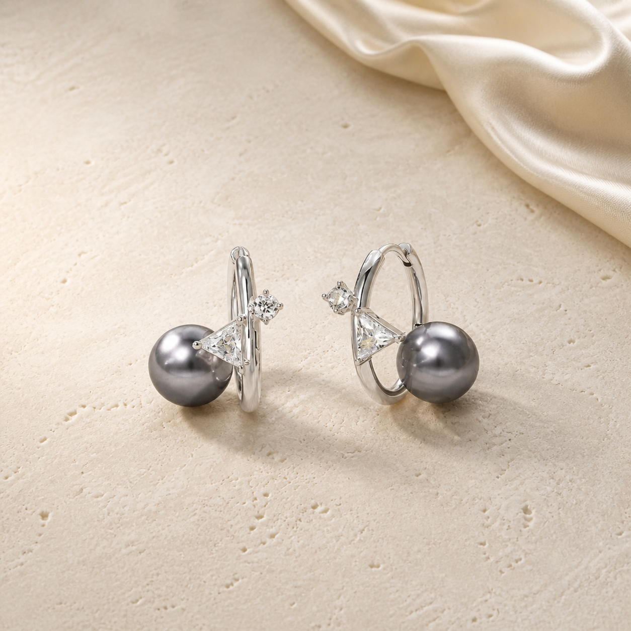 Midnight Sprite Earrings silver hoops with grey pearls and clear stones