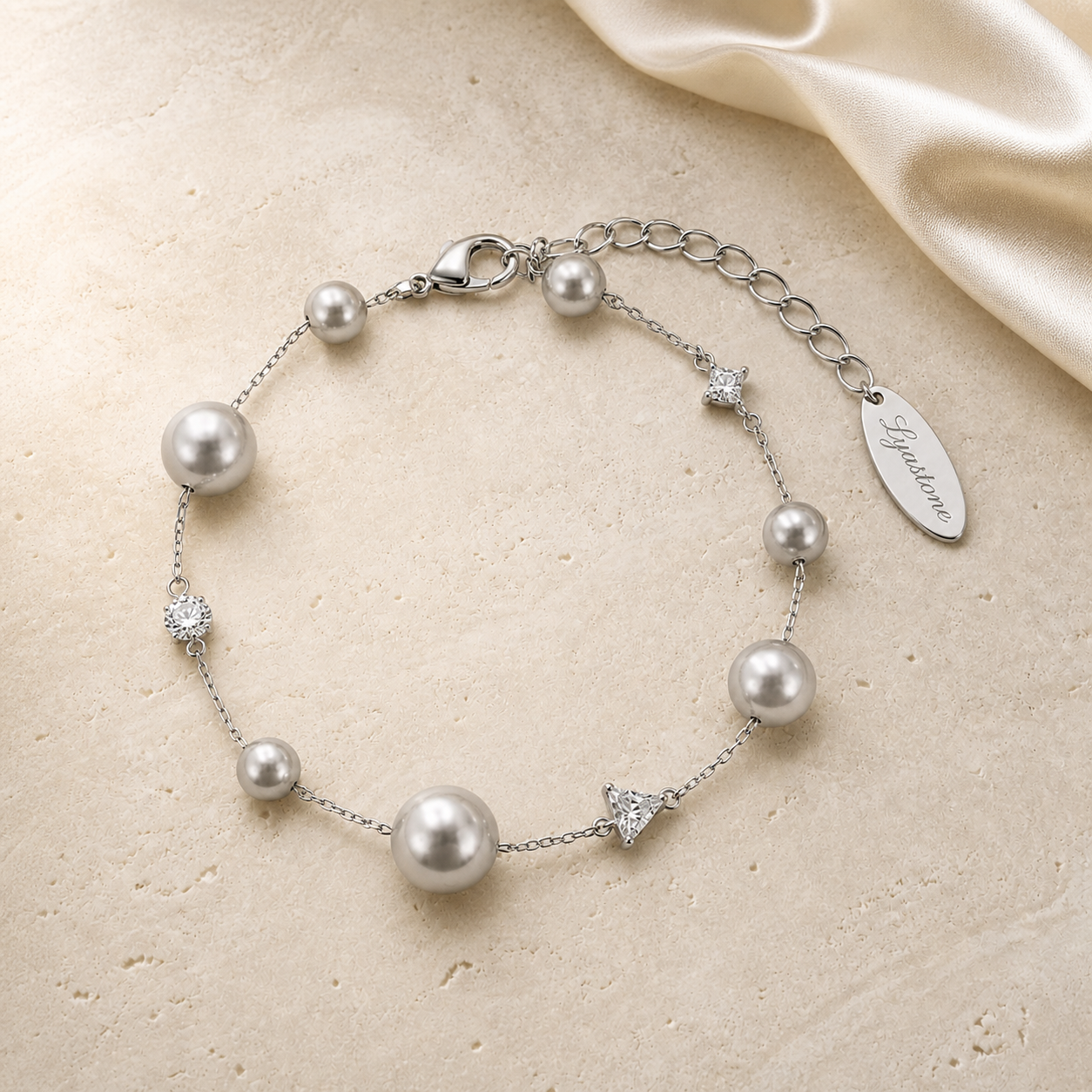 Midnight Sprite Bracelet with grey pearls and Lyastone tag