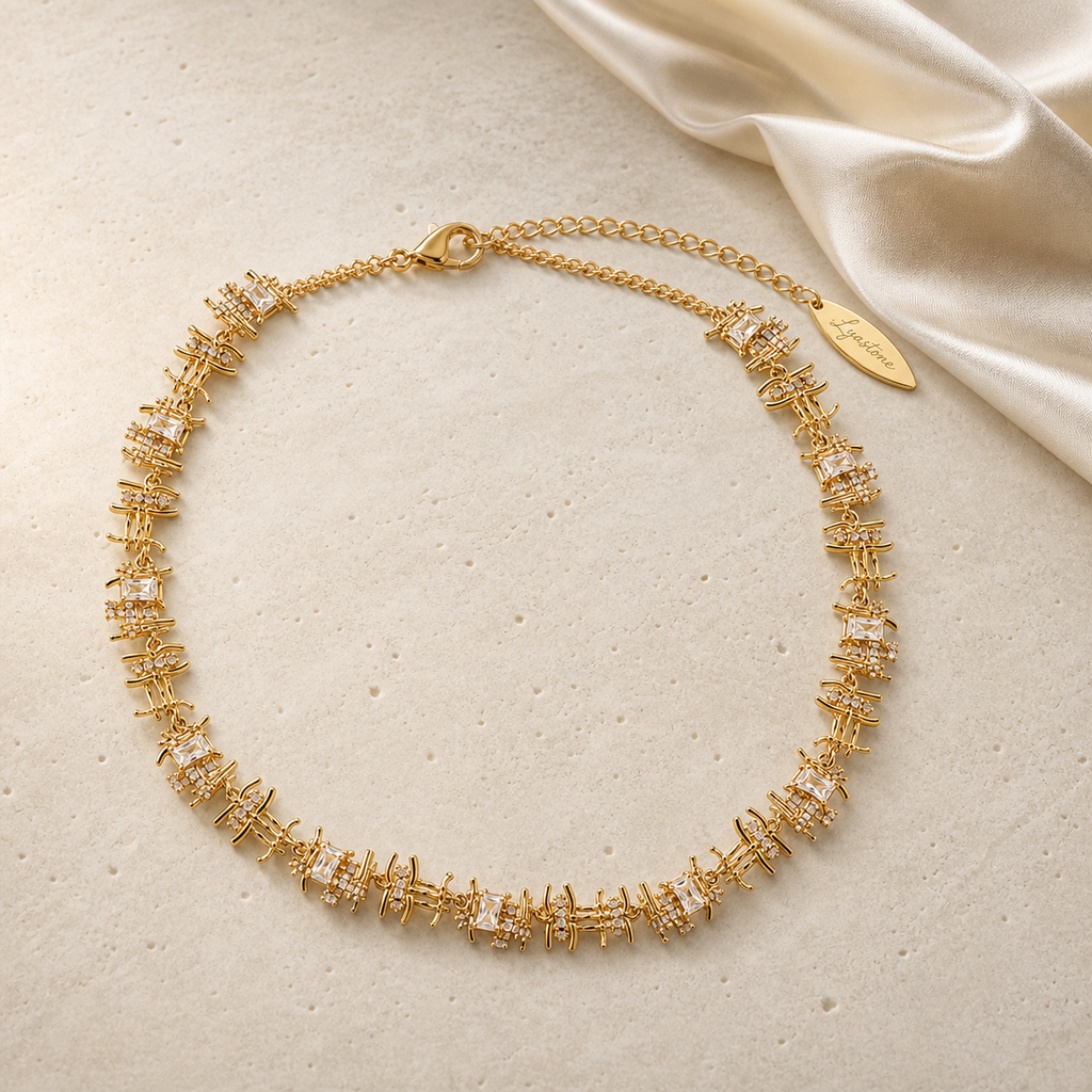 Elysian Weave Zircon Necklace gold collar with clear zircons