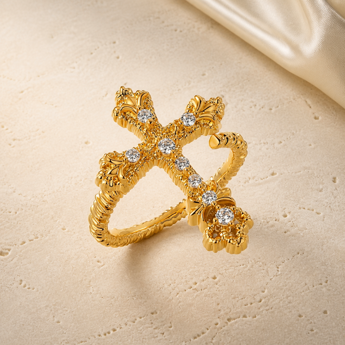 Vintage Relief Cross Ring gold ornate zircon ring