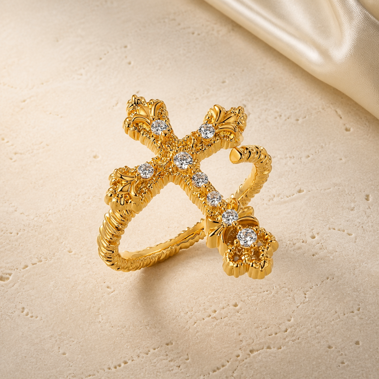 Vintage Relief Cross Ring gold ornate zircon ring