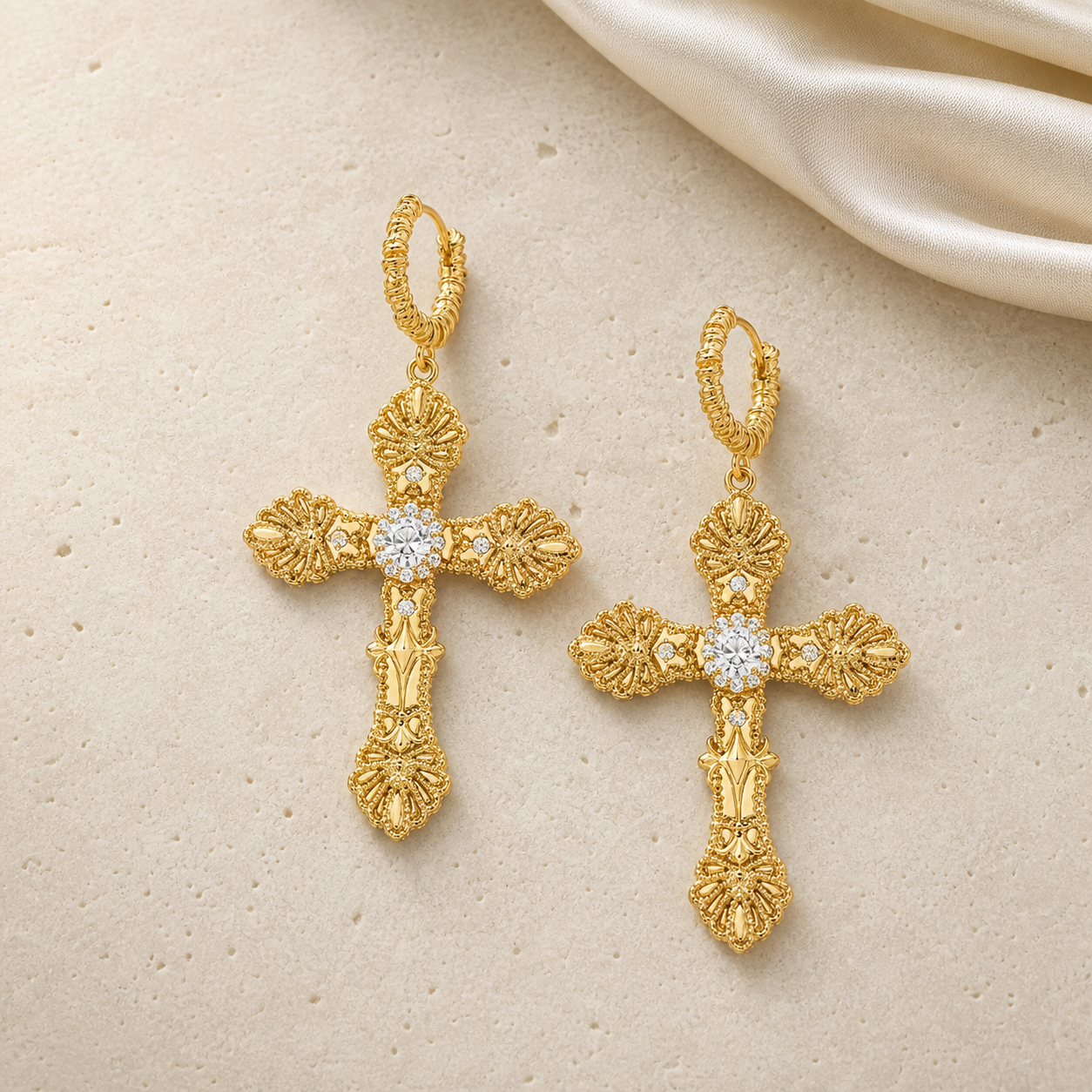 Vintage Relief Cross Earrings gold ornate drops