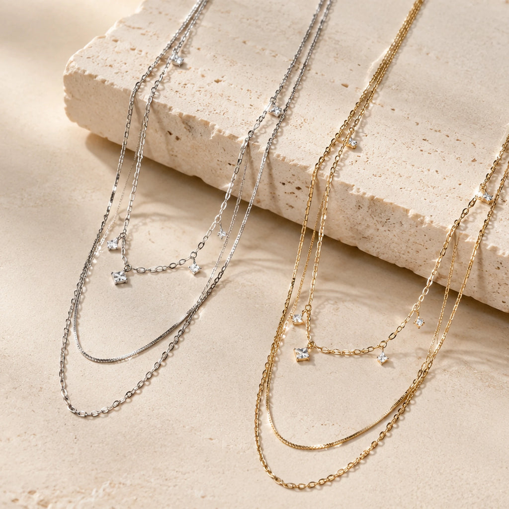 Elara Layered Crystal Necklace, a three-layer necklace with square crystals by Lyastone