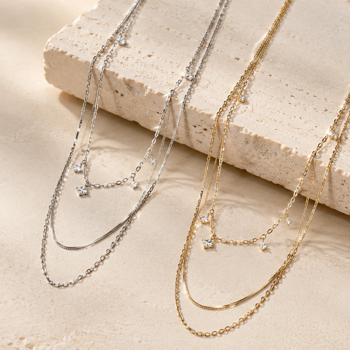 Elara Layered Crystal Necklace, a three-layer necklace with square crystals by Lyastone