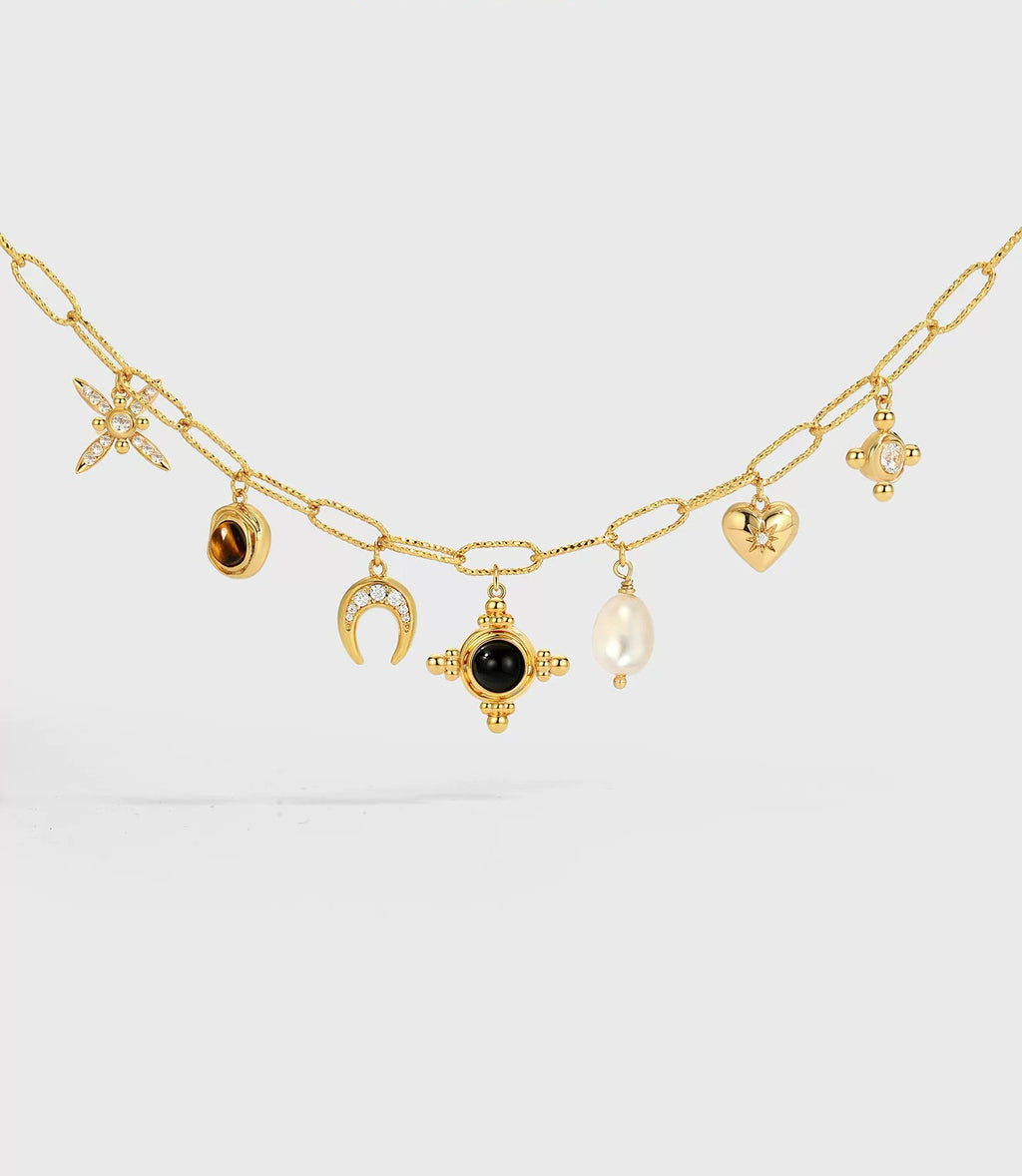 Black agate and tiger’s eye pearl charm necklace