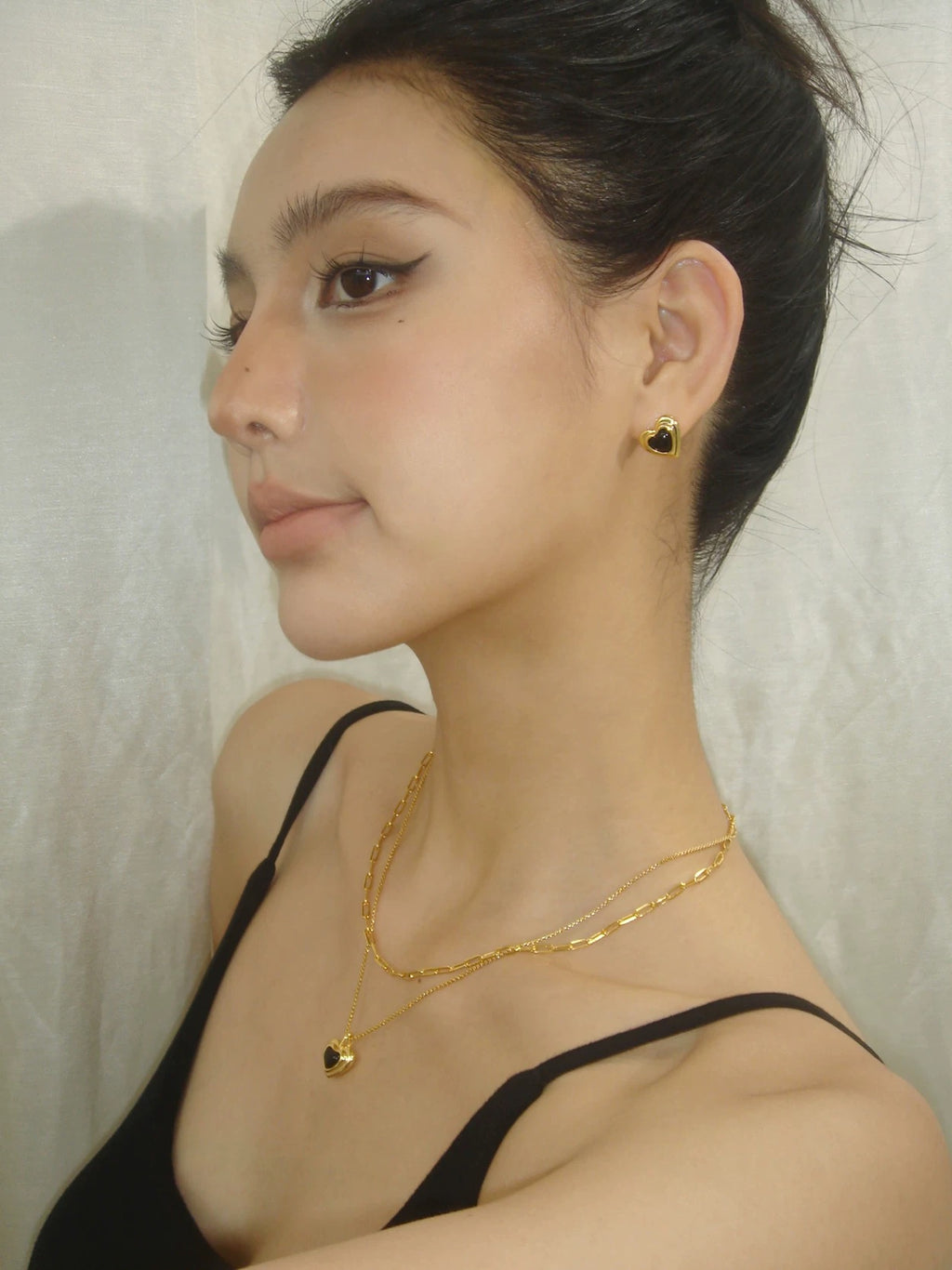 Black agate heart layered necklace