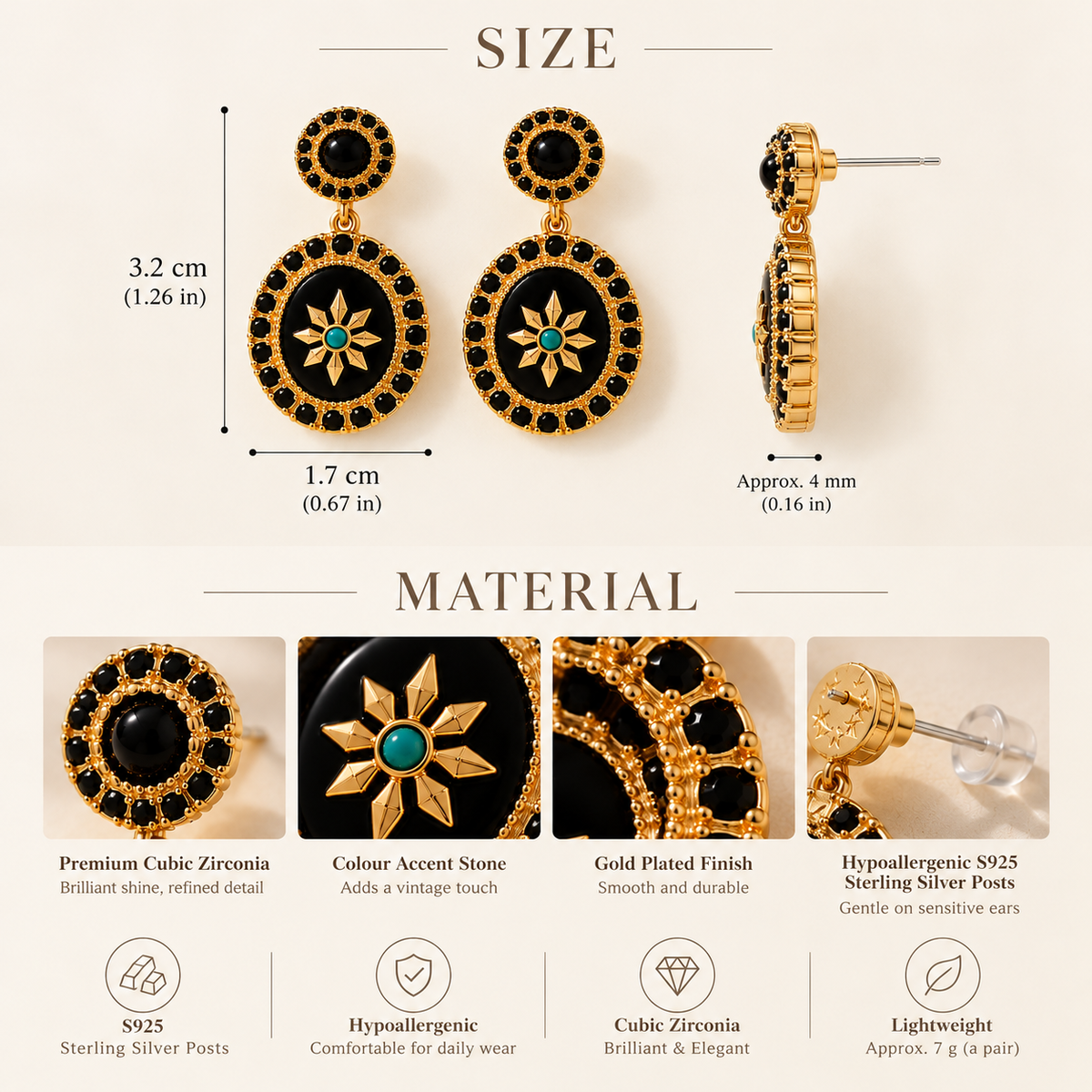 Vintage Black Mirror Medallion Drop Earrings