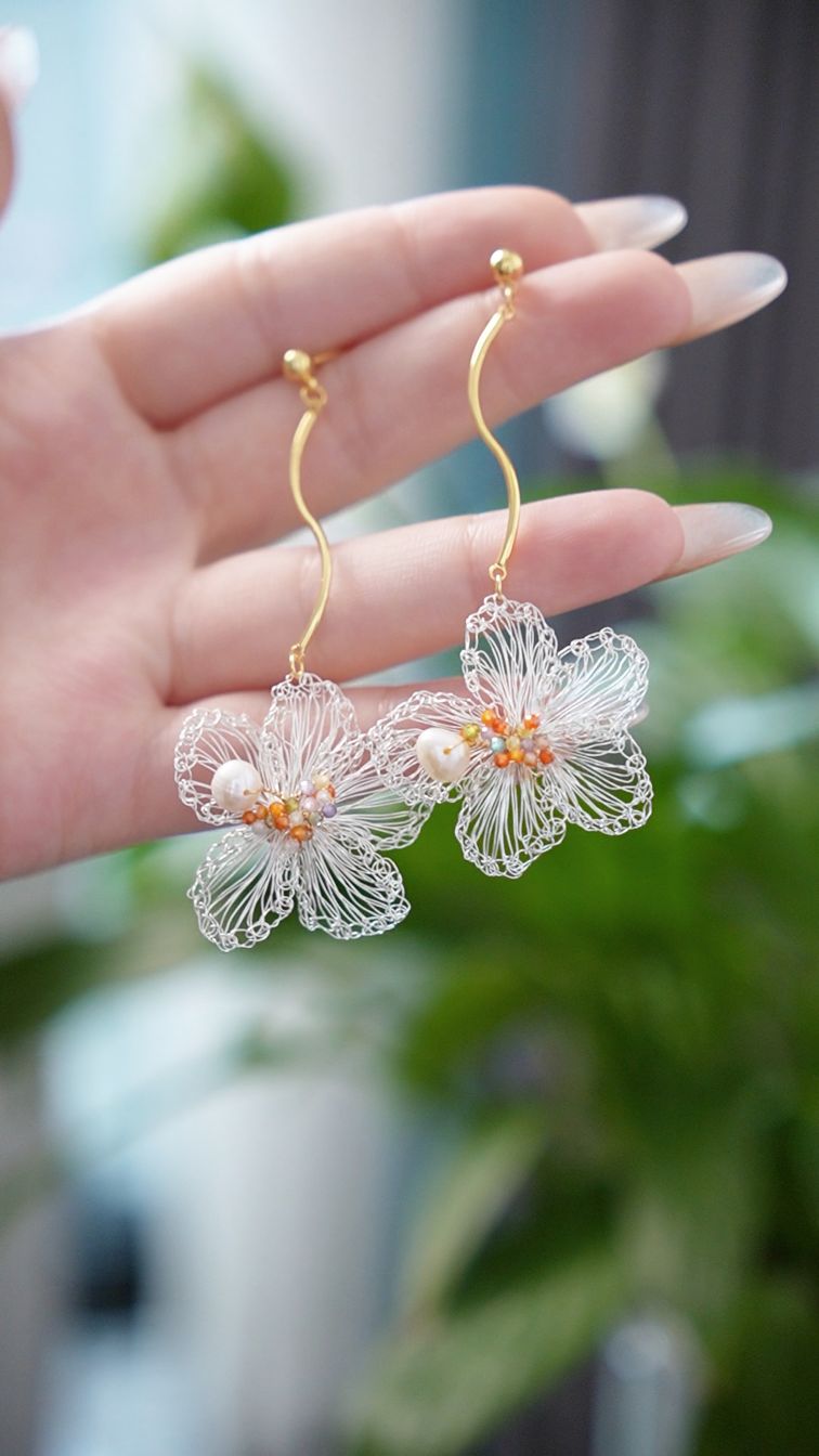 Handwoven floral stone earrings