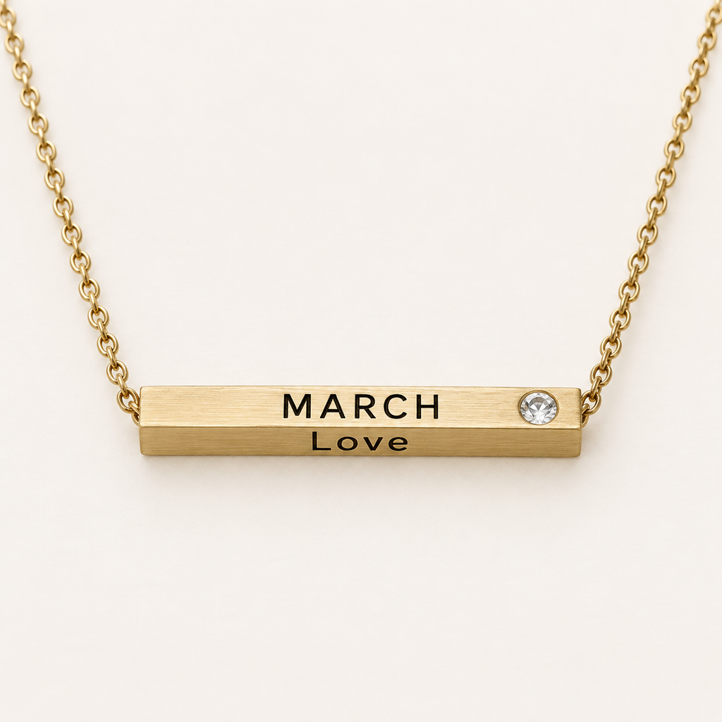 March Month of Love gold bar necklace by Lyastone