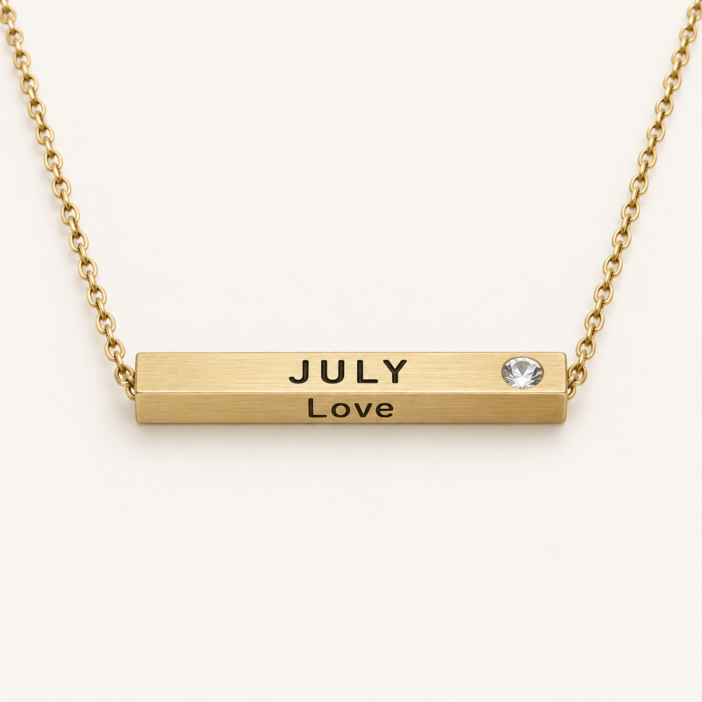 July Month of Love gold bar necklace by Lyastone