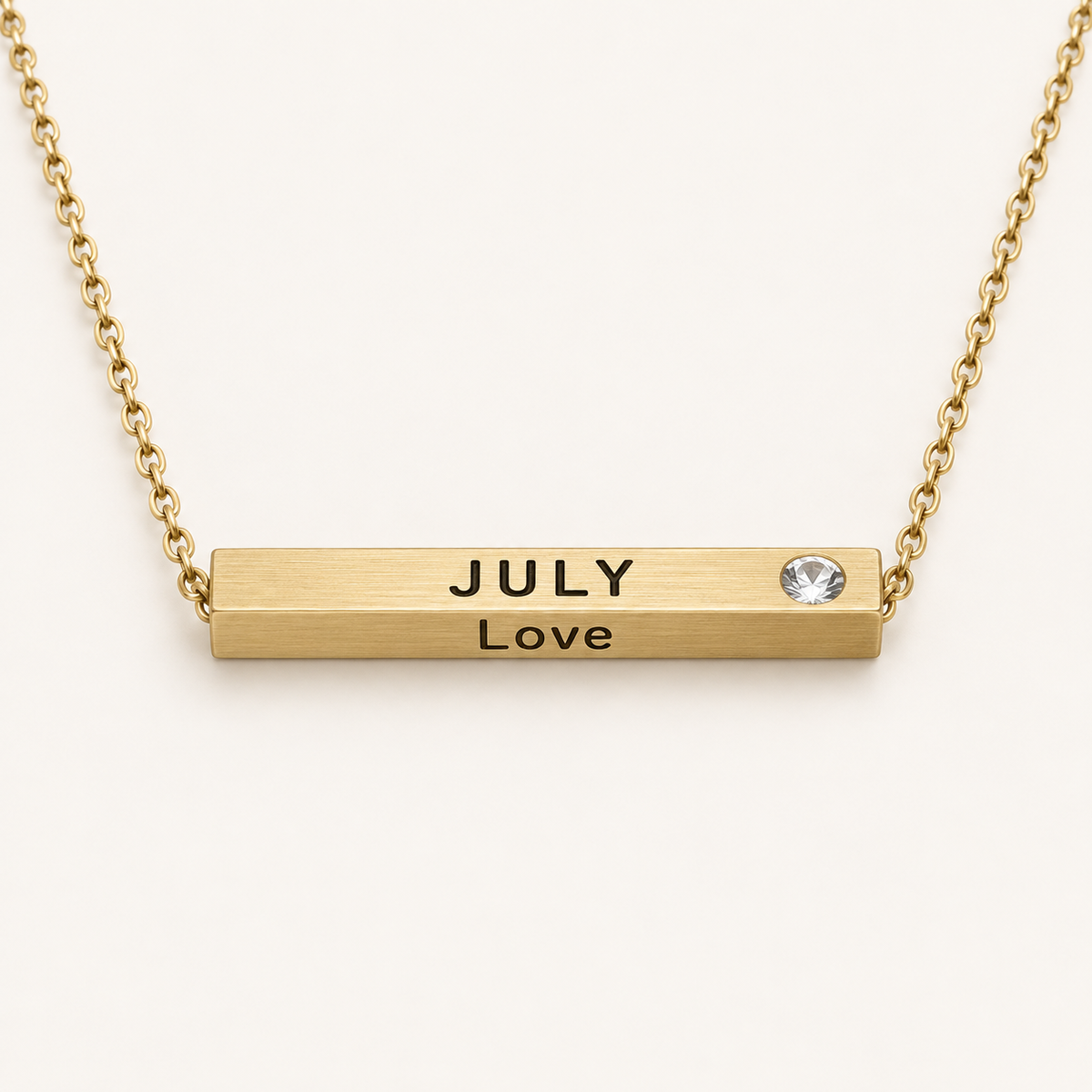 July Month of Love gold bar necklace by Lyastone