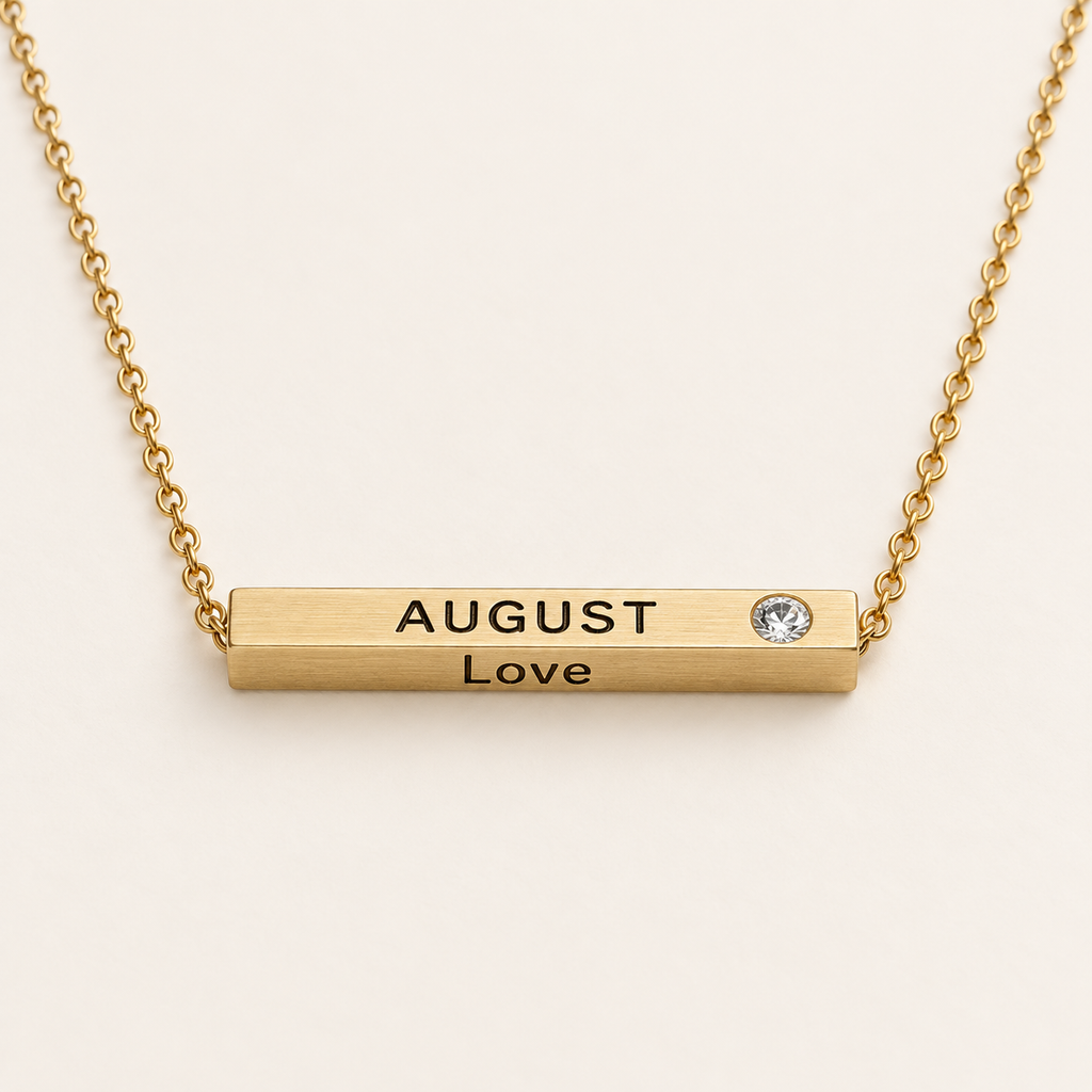August Month of Love gold bar necklace by Lyastone