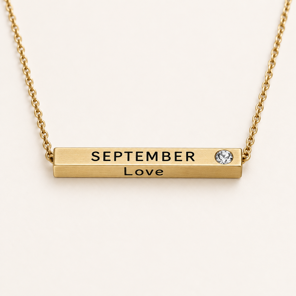 September Month of Love gold bar necklace by Lyastone