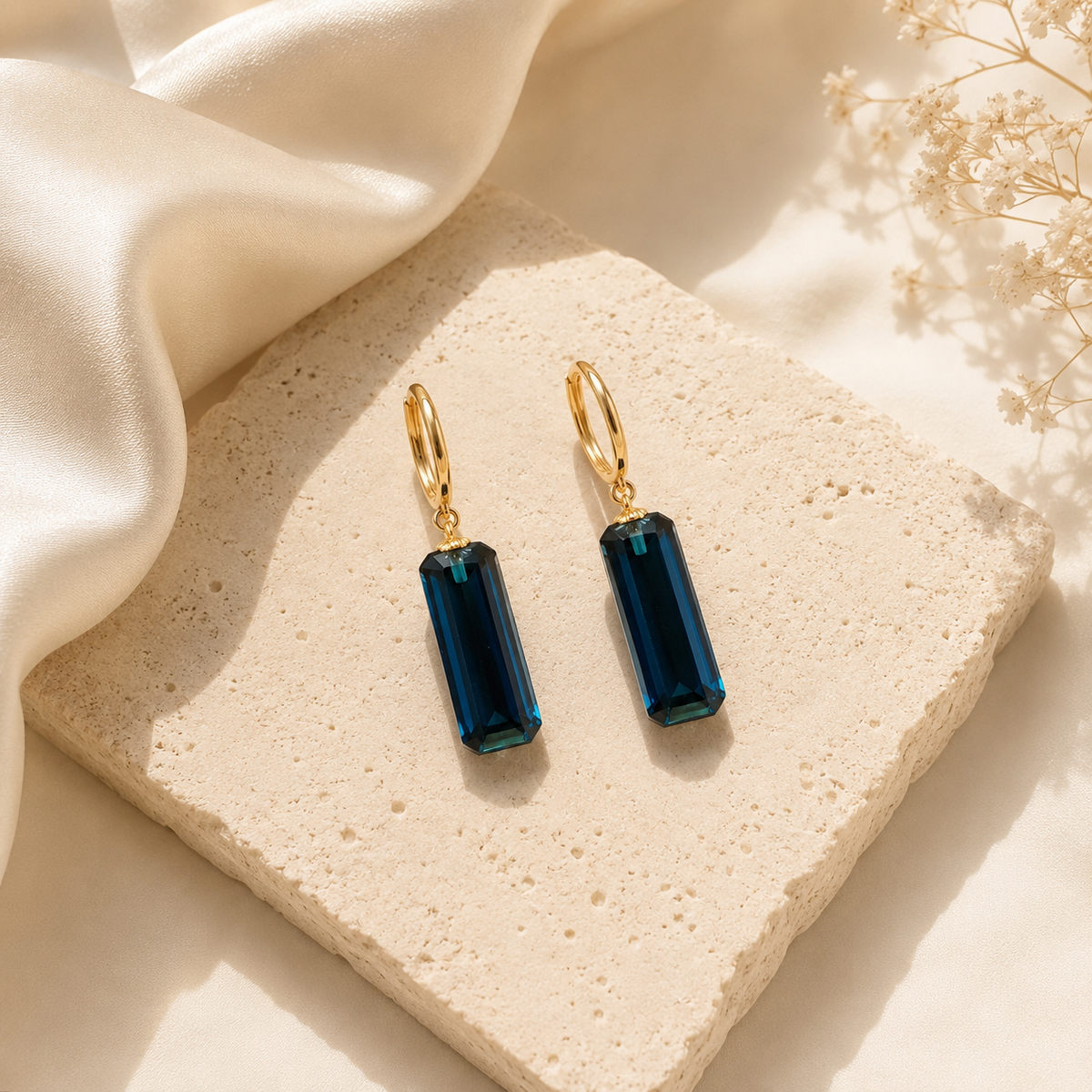 Midnight Prism Earrings alternate view with deep blue faceted crystal drops