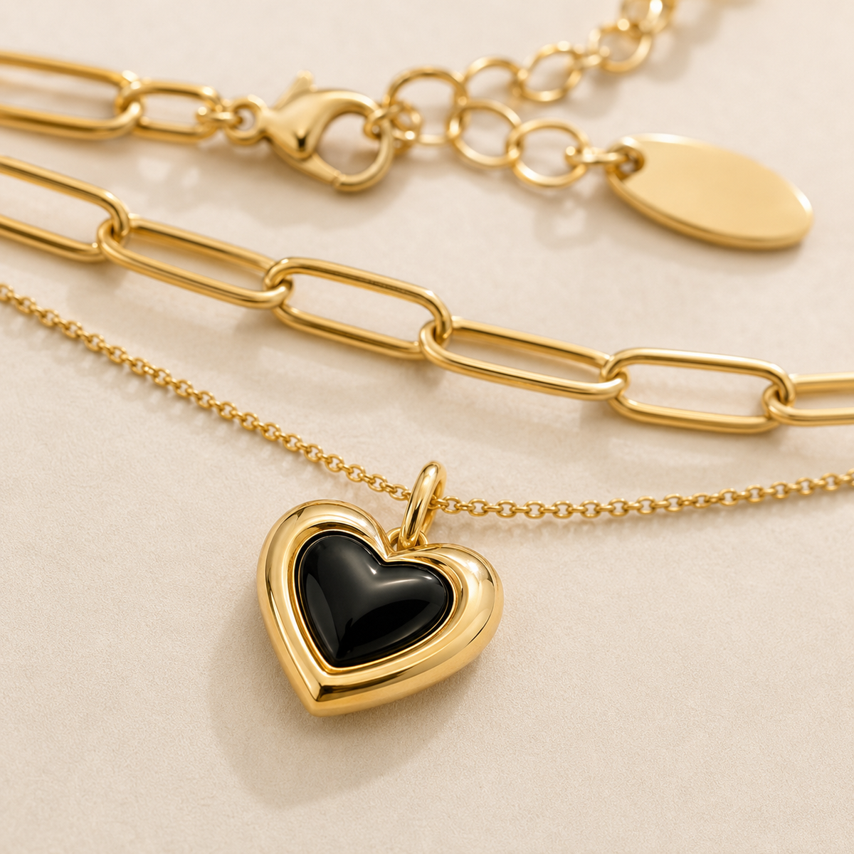 Heart Black Agate Double-Layer Layered Necklace