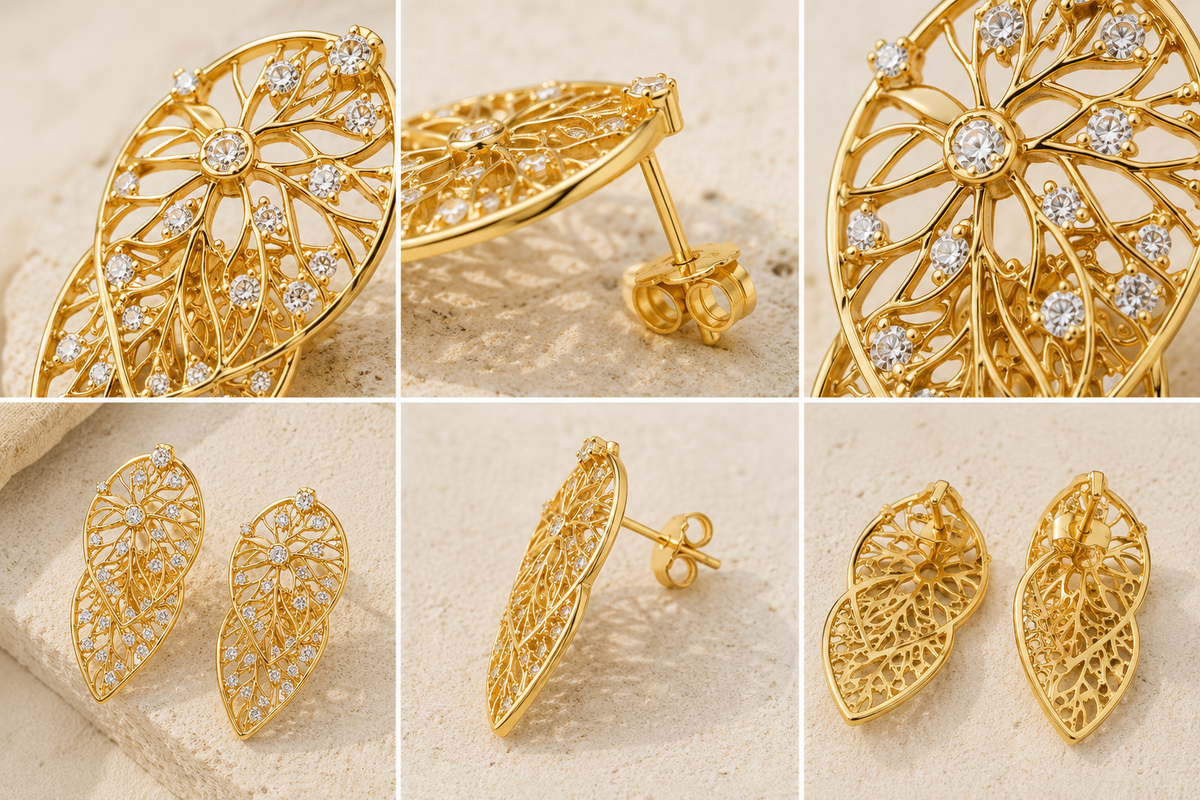 Hollow Zircon Leaf Earrings