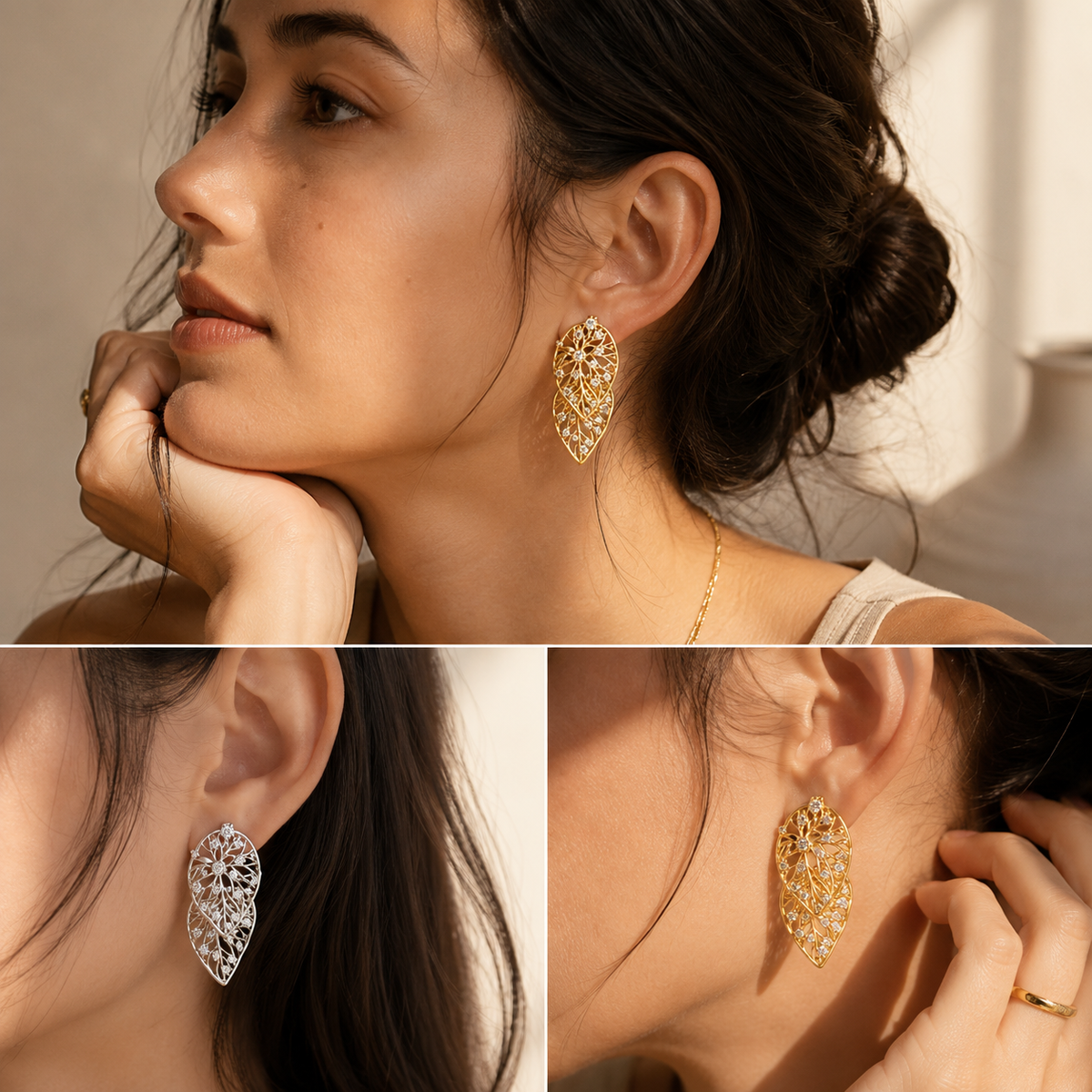 Hollow Zircon Leaf Earrings