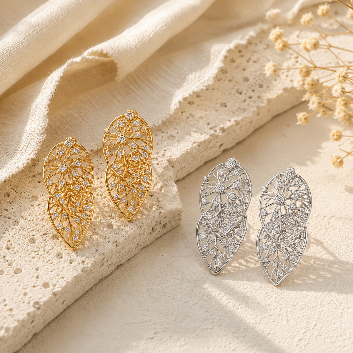 Hollow Zircon Leaf Earrings