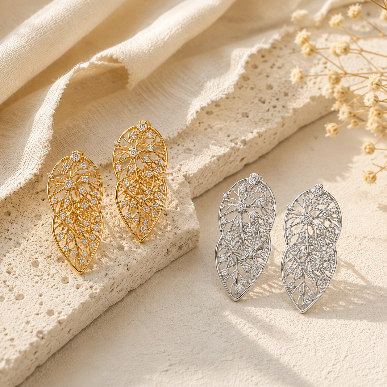 Hollow Zircon Leaf Earrings