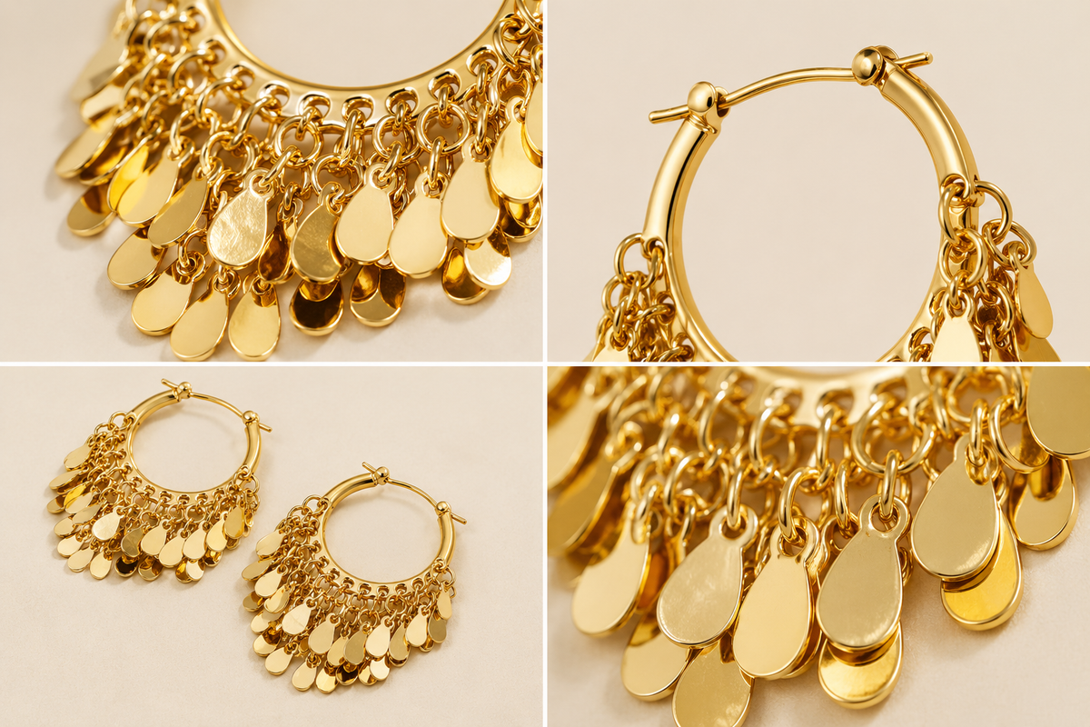Retro Gold Dangle Hoop Earrings – 22K Gold Plated