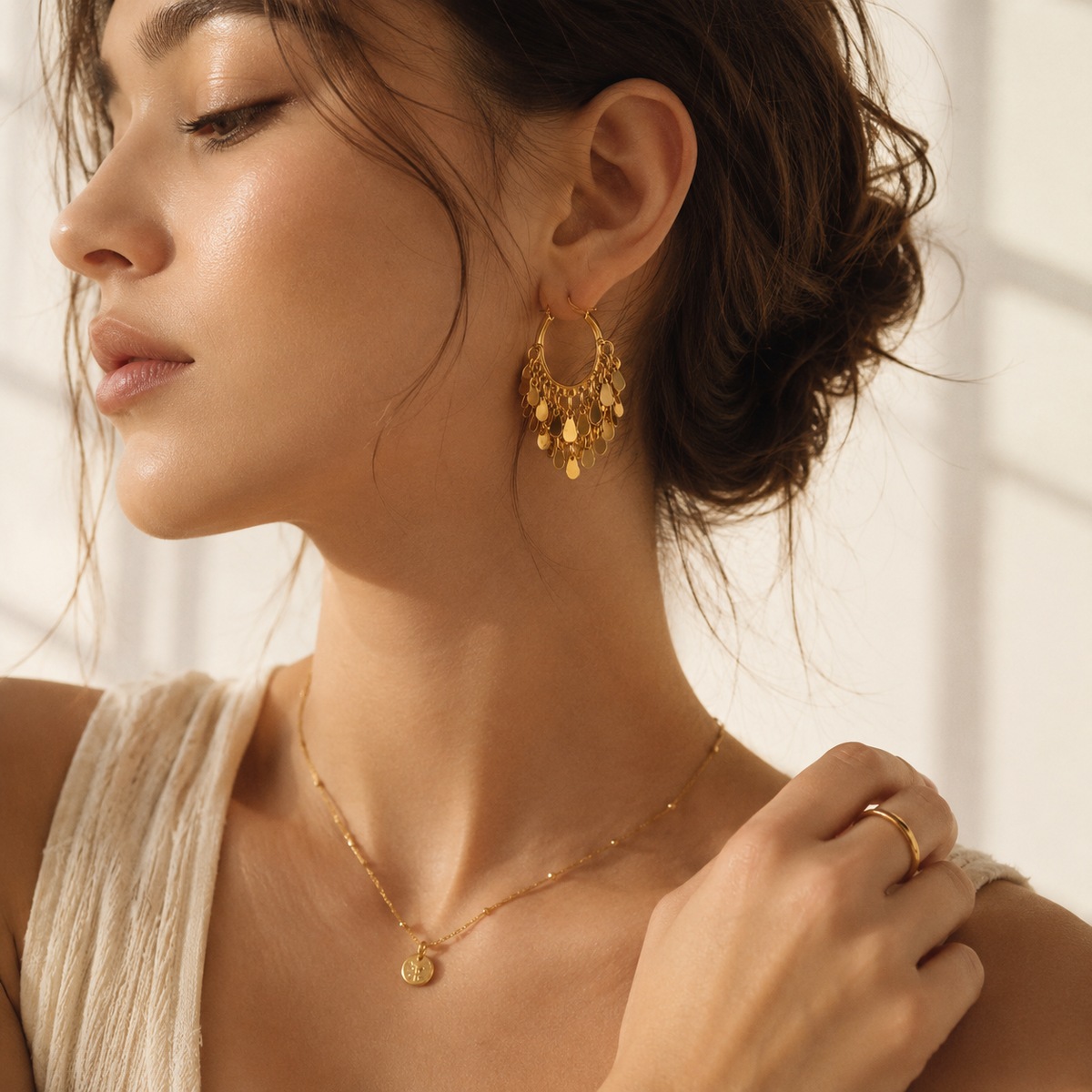 Retro Gold Dangle Hoop Earrings – 22K Gold Plated