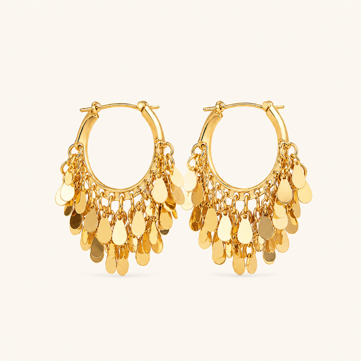 Retro Gold Dangle Hoop Earrings – 22K Gold Plated