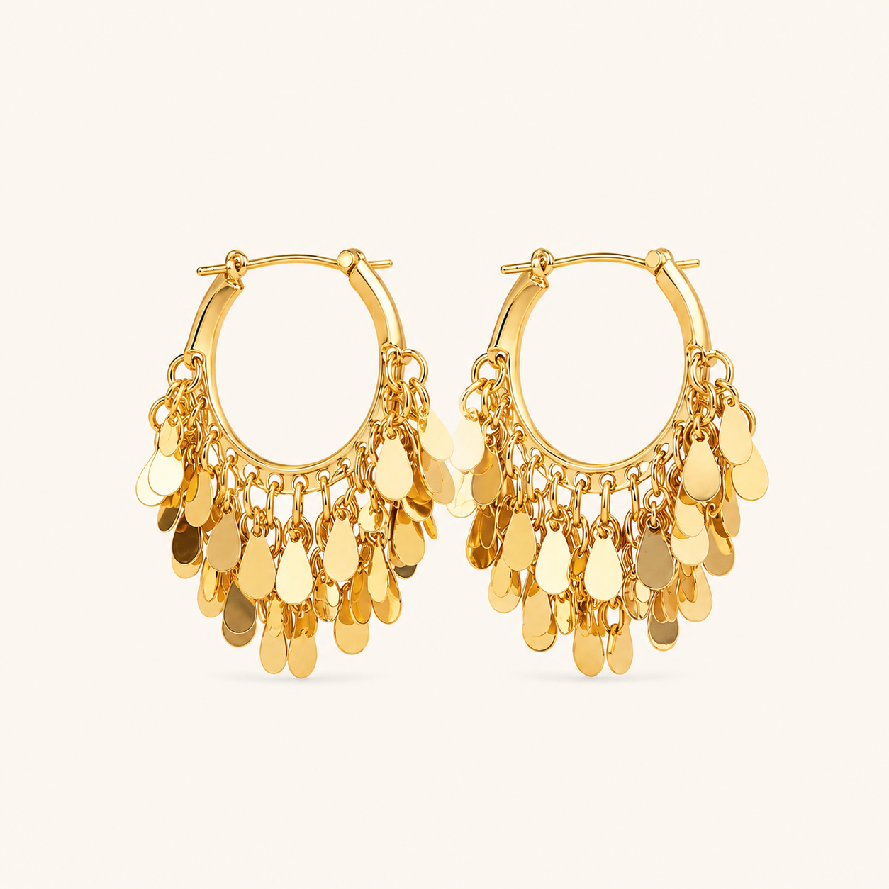 Retro Gold Dangle Hoop Earrings – 22K Gold Plated