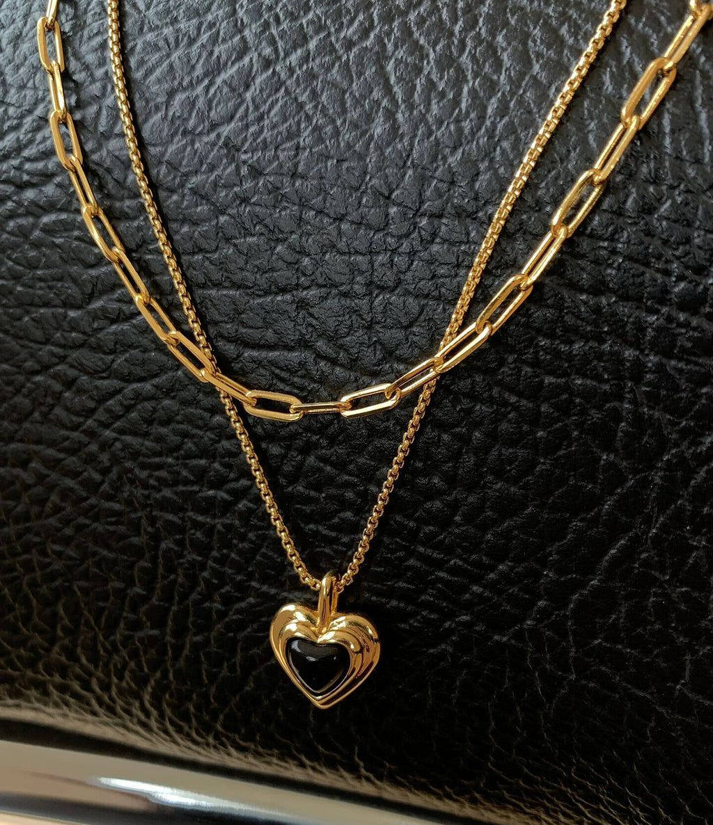 Layered black agate heart pendant necklace