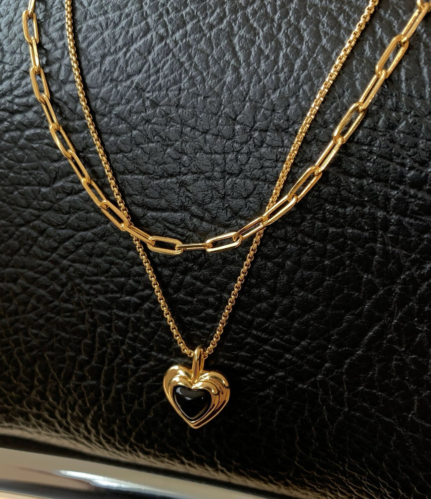 Layered black agate heart pendant necklace