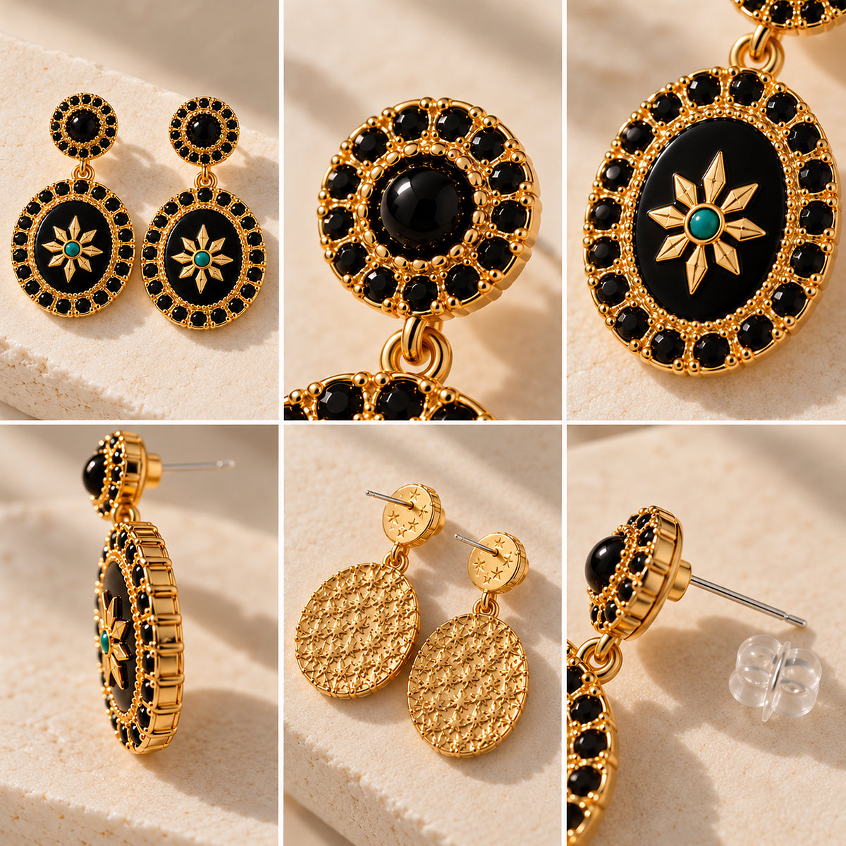Vintage Black Mirror Medallion Drop Earrings