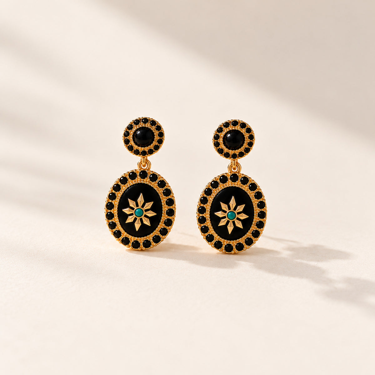 Vintage Black Mirror Medallion Drop Earrings