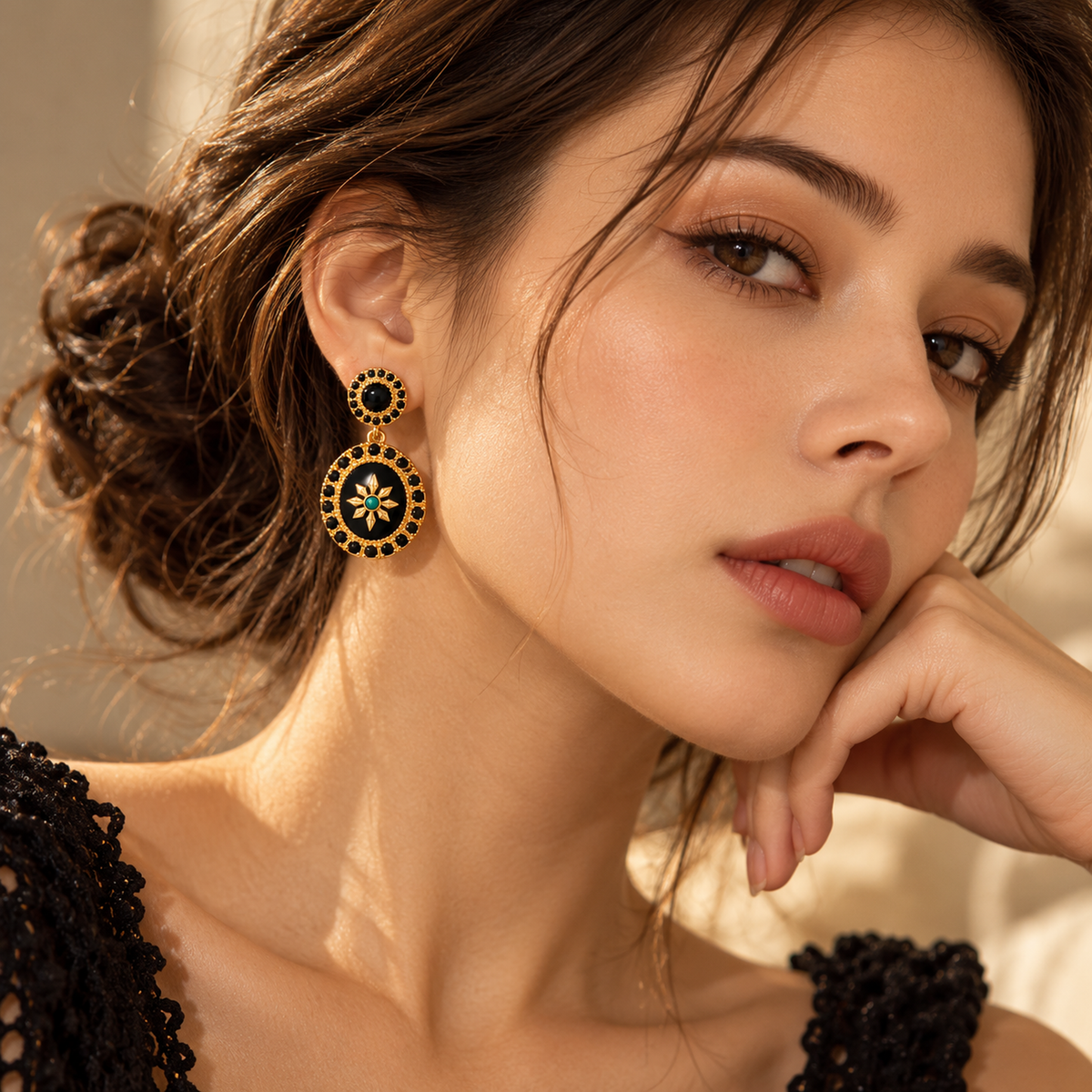 Vintage Black Mirror Medallion Drop Earrings