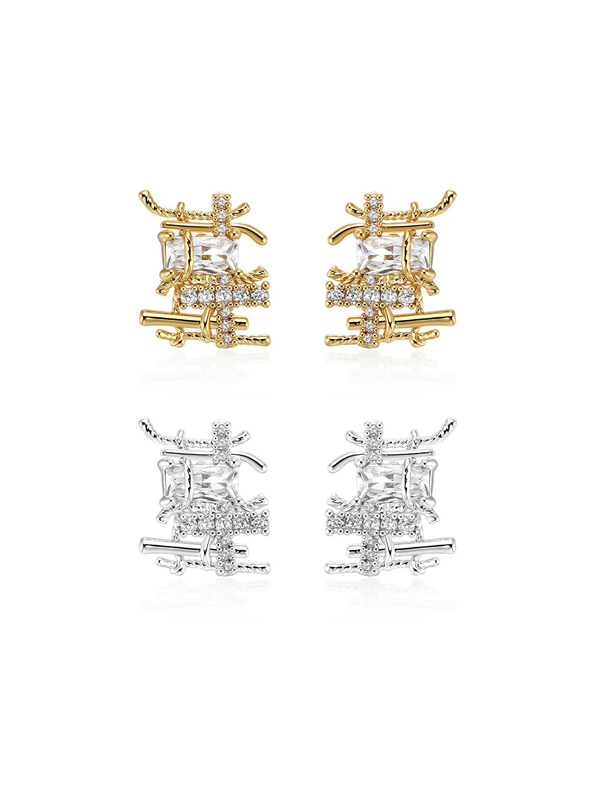 Metal woven cubic zirconia stud earrings
