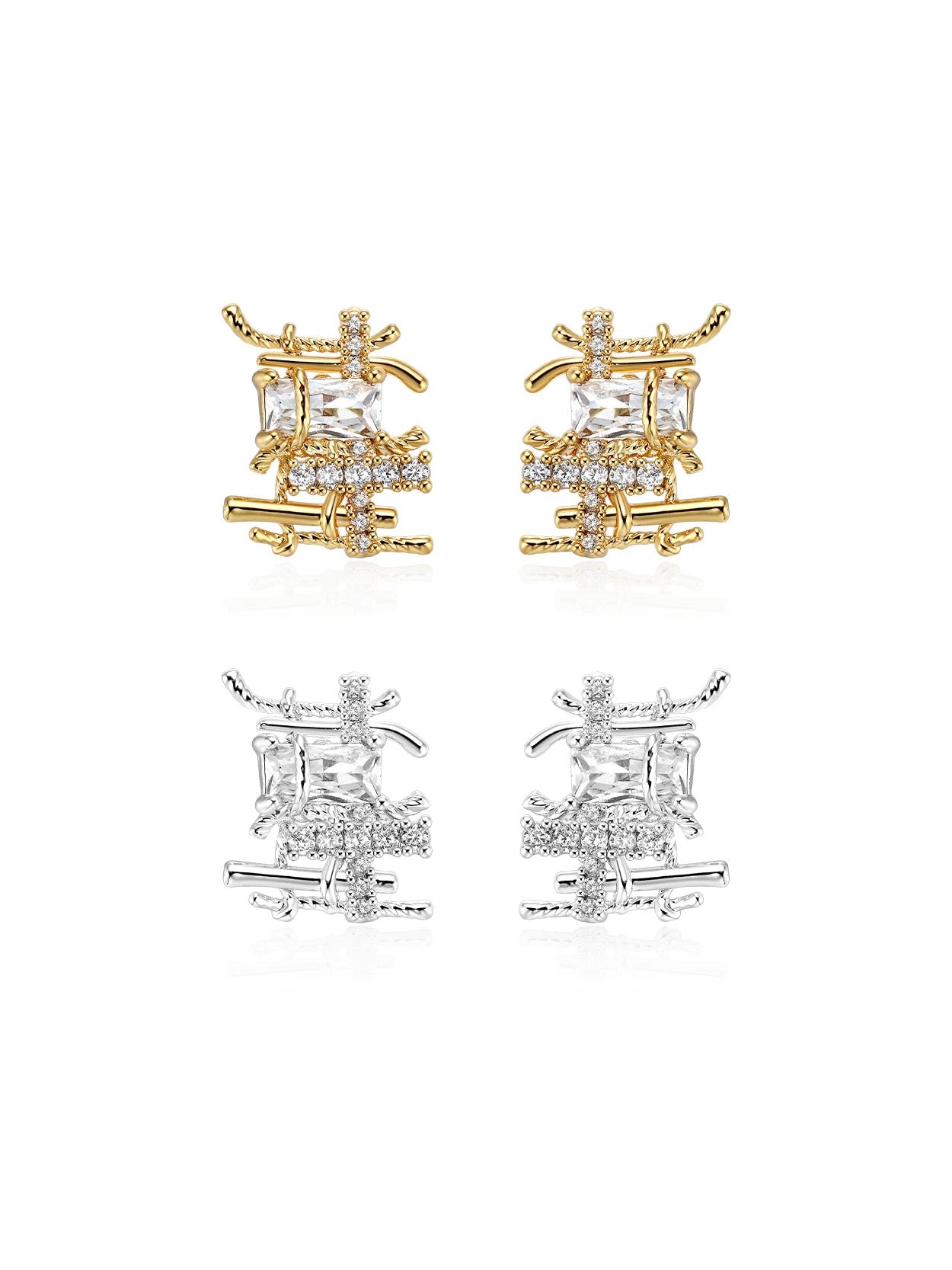 Metal woven cubic zirconia stud earrings