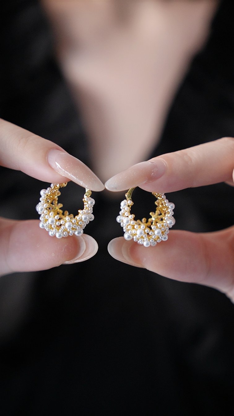 Modern pearl basket earrings