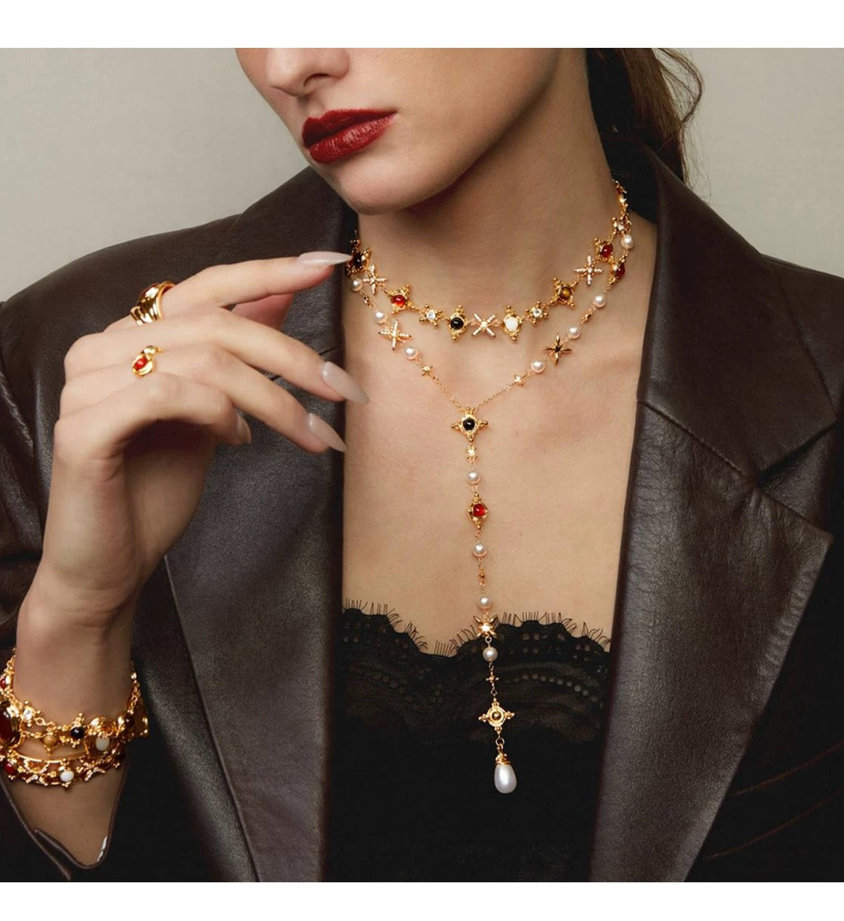 Multistone charm necklace with freshwater pearl