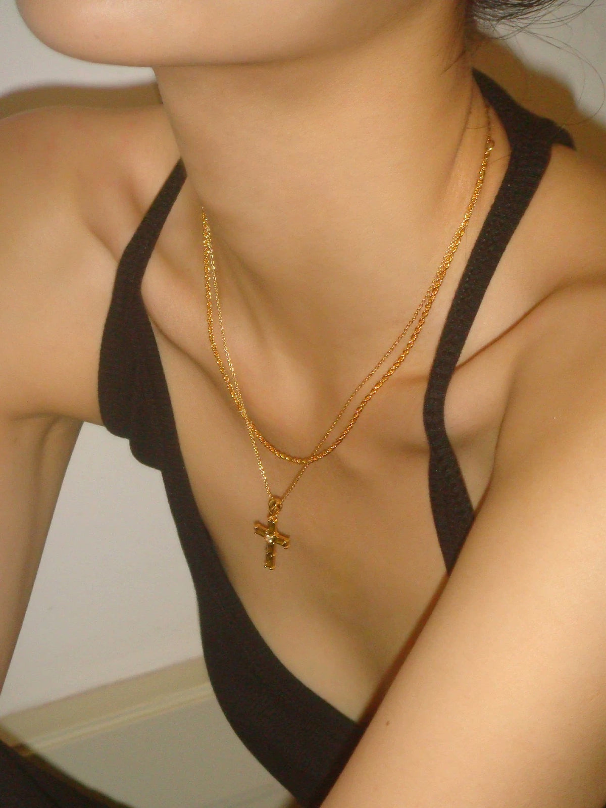 Olive green gemstone cross necklace