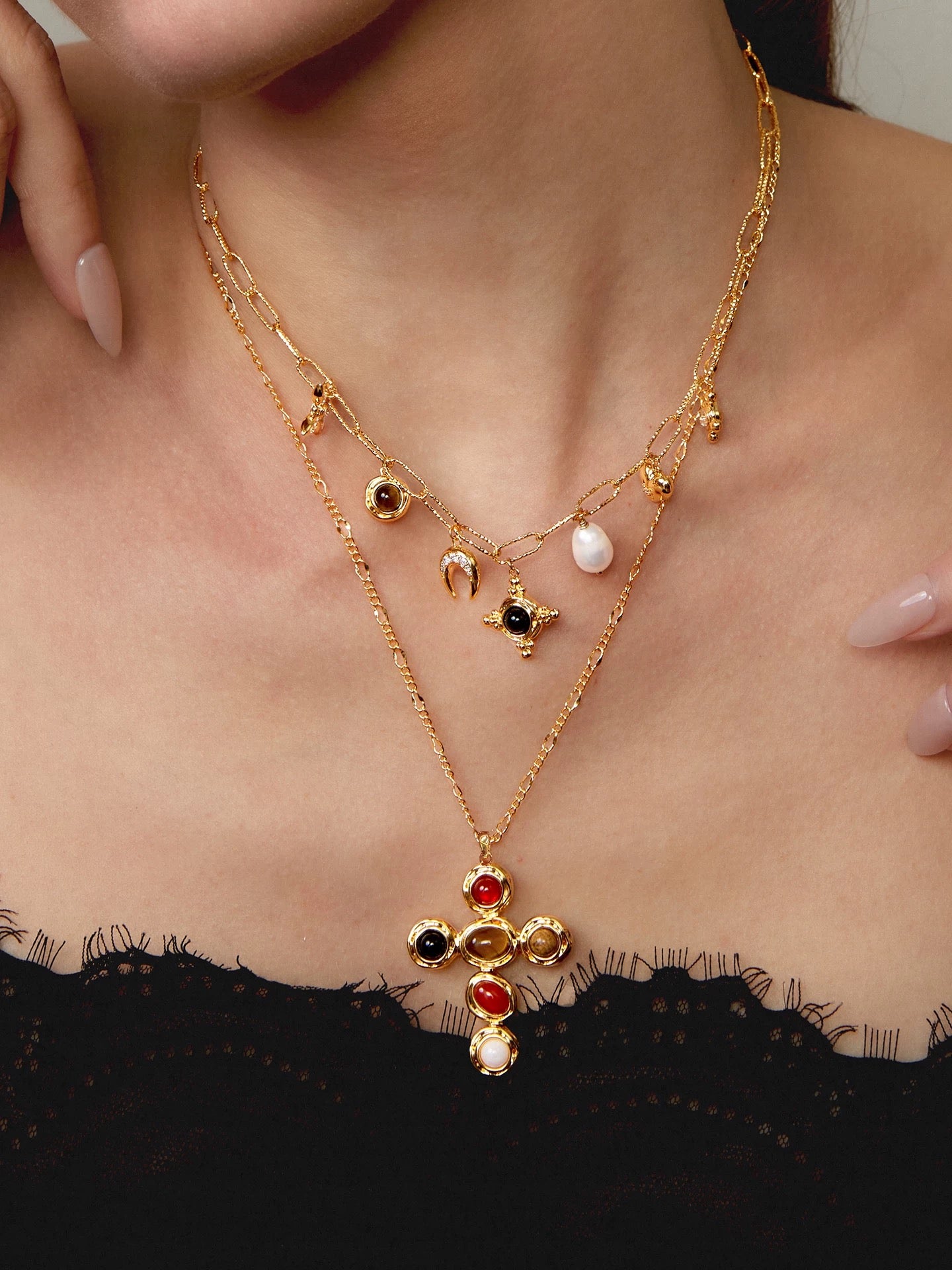 Tiger’s eye and pearl charm necklace