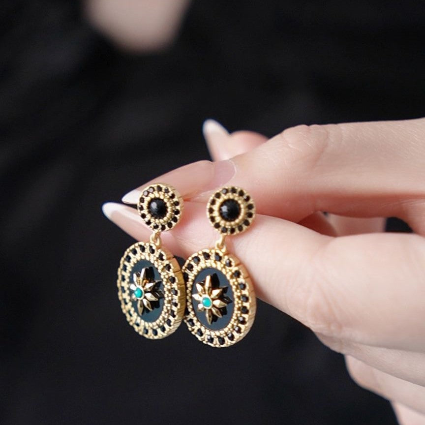 Vintage black mirror medallion drop earrings