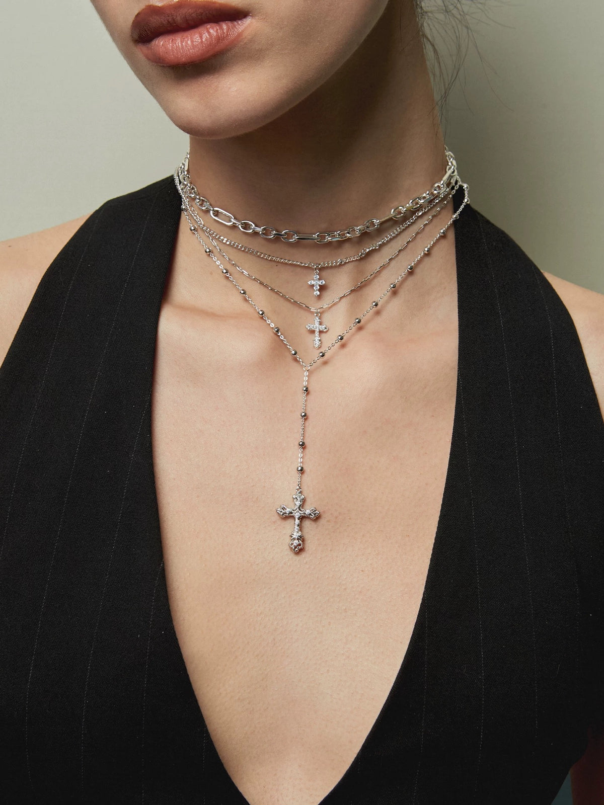 Vintage Relief Cross Layered Necklace