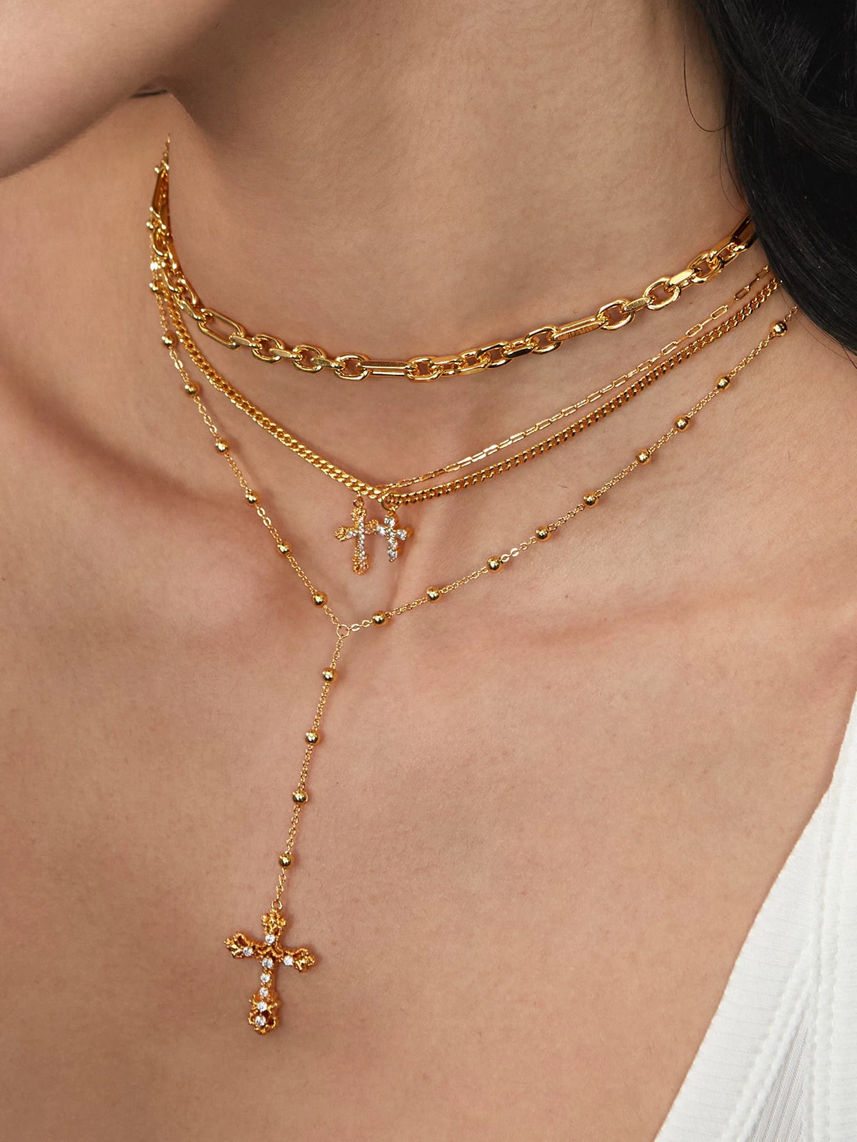 Vintage Relief Cross Layered Necklace