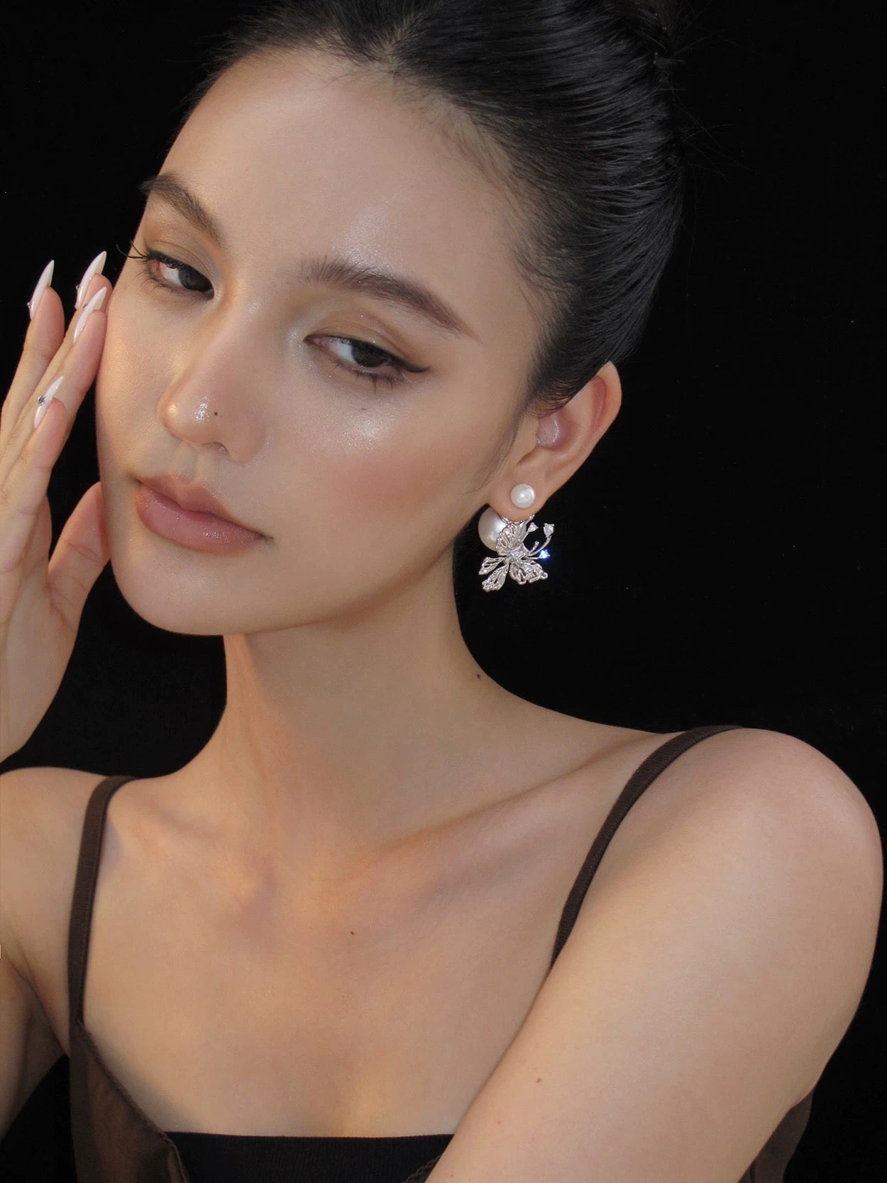 White gold butterfly pearl studs