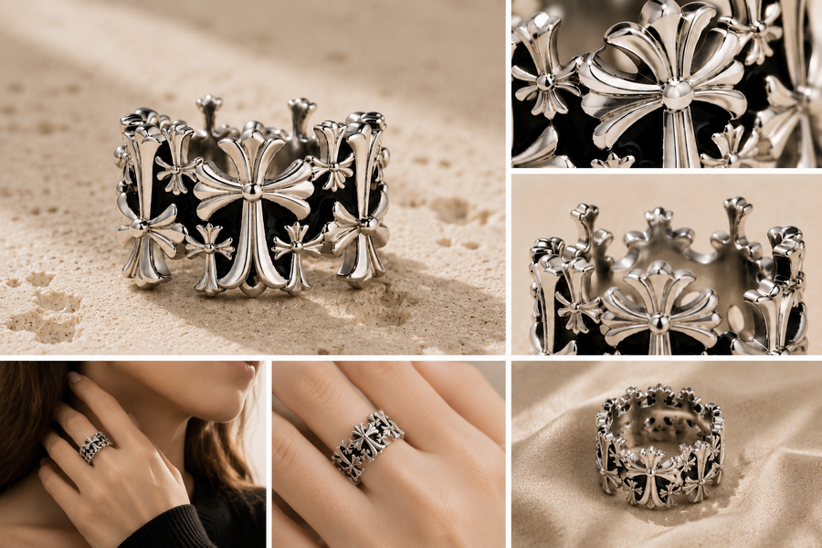 Detailed views of the Lyastone Aster Cross Open Ring craftsmanship