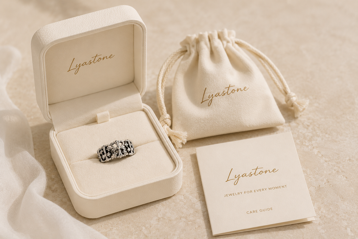 Lyastone signature gift packaging with Aster Cross Open Ring