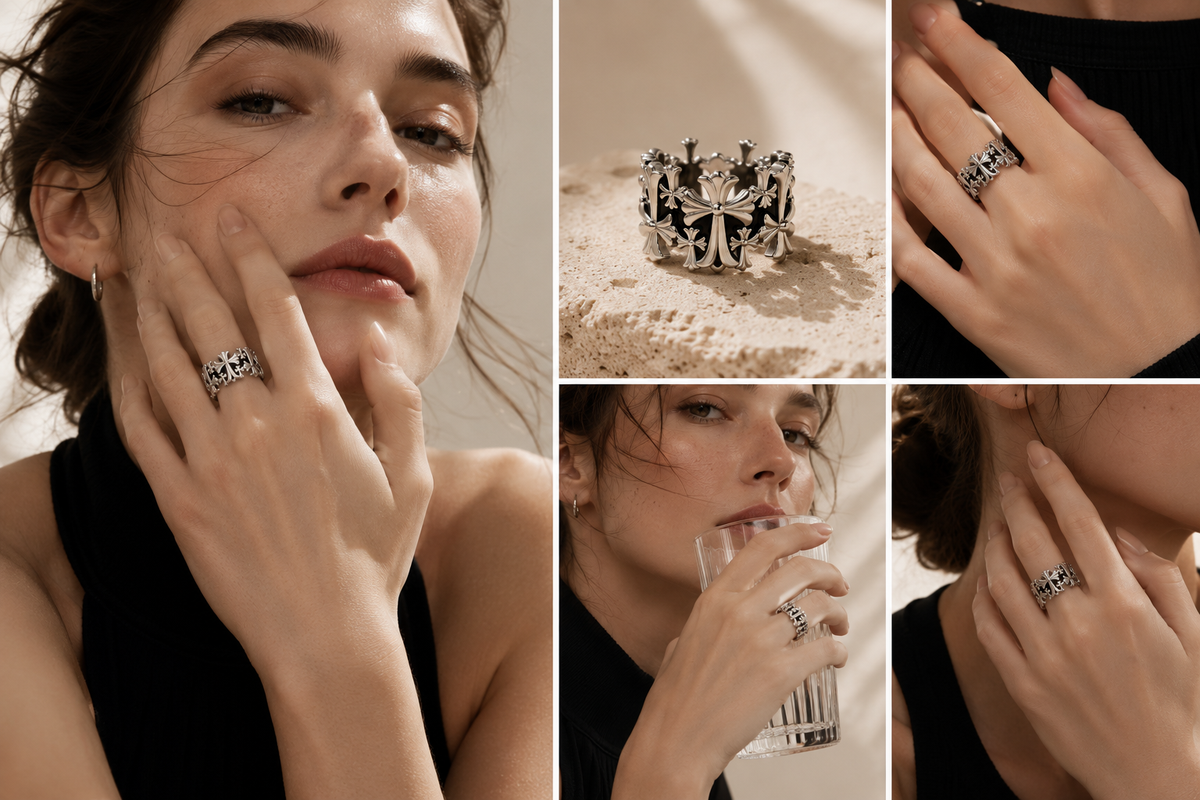 Woman wearing the Lyastone Aster Cross Open Ring