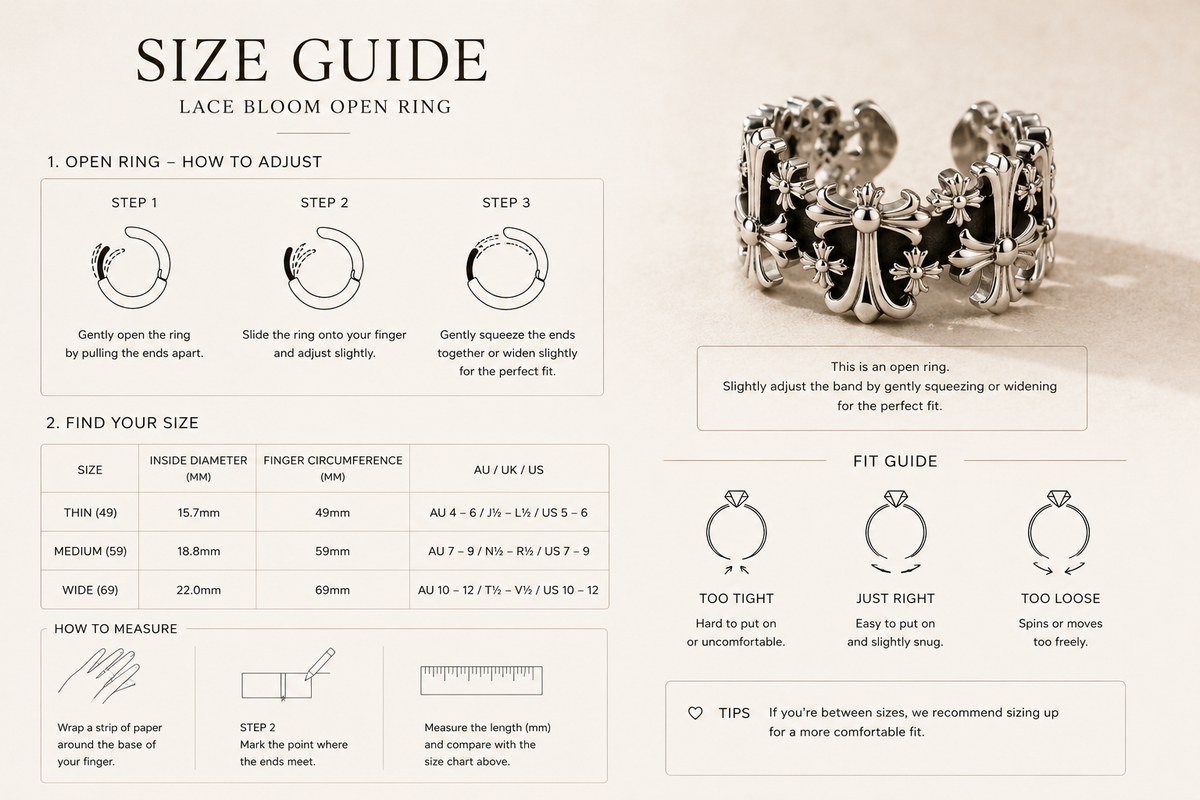 Lyastone Aster Cross Open Ring adjustment and size guide