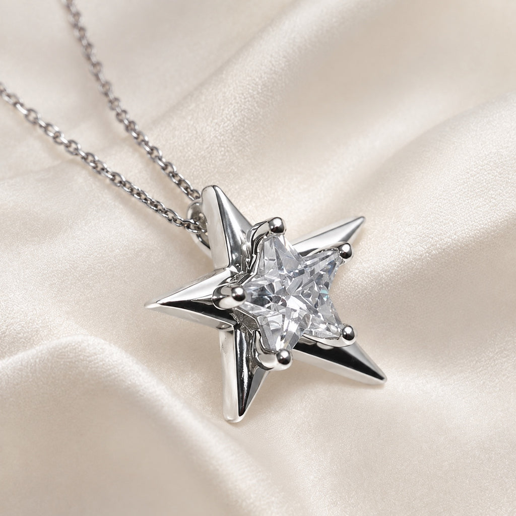 Close-up detail of Astra Star Necklace with star-cut cubic zirconia