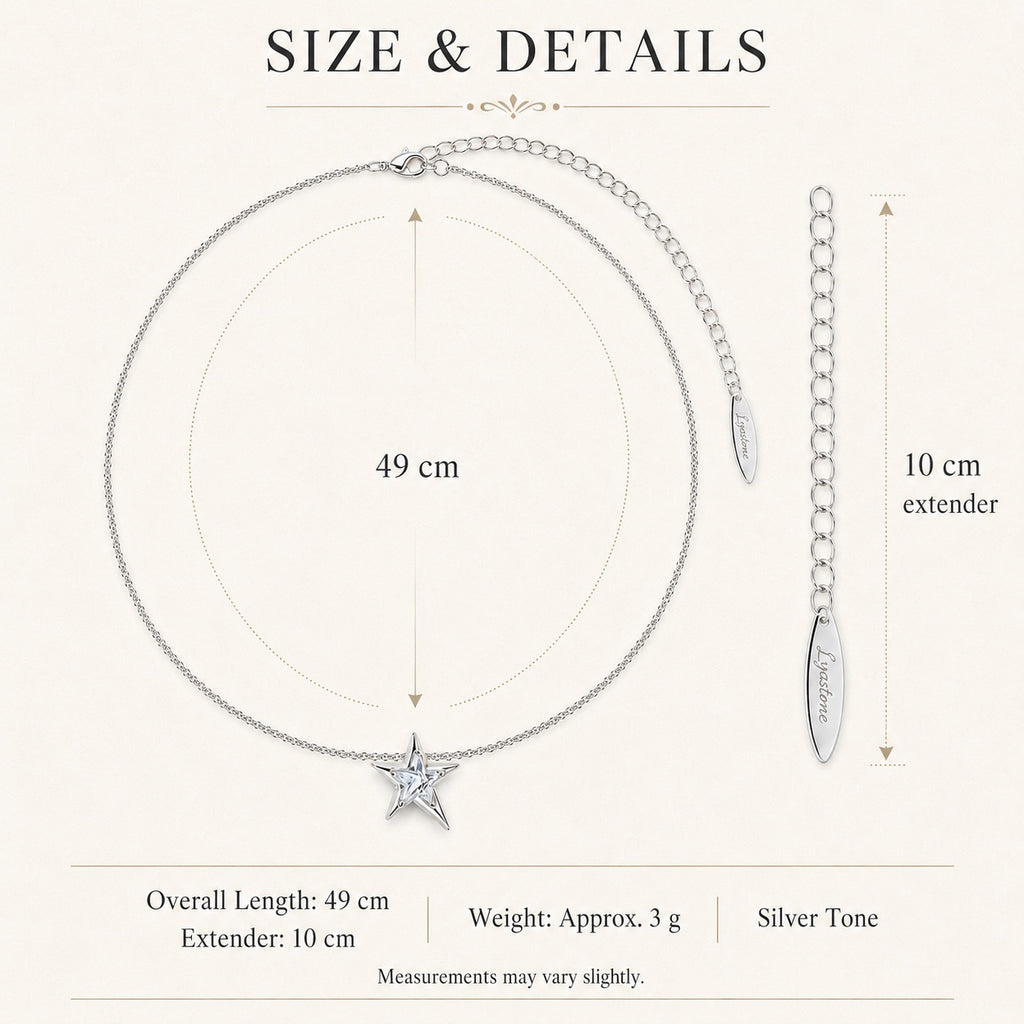 Astra Star Necklace size guide showing 49 cm chain, 10 cm extender and 3 g weight