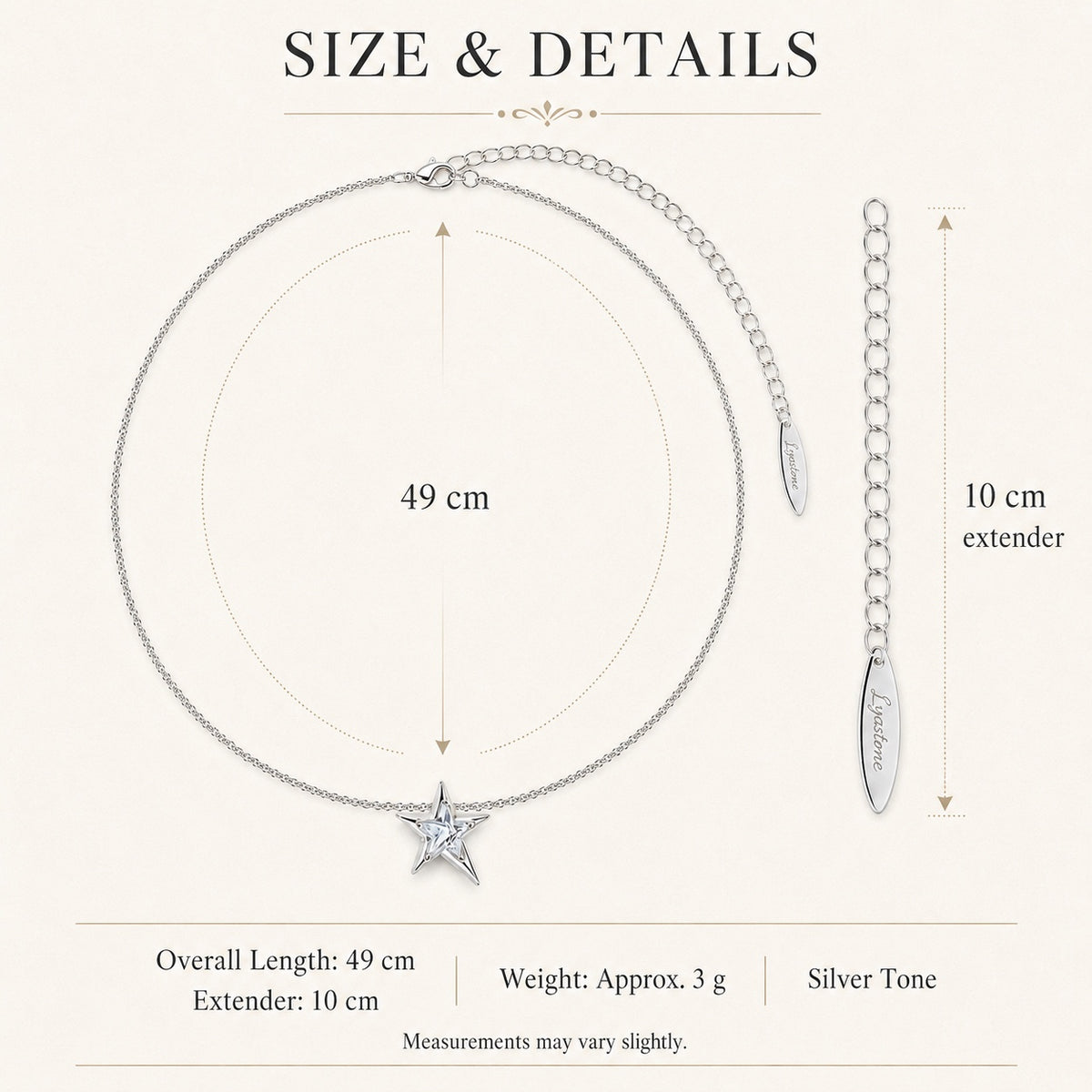 Astra Star Necklace size guide showing 49 cm chain, 10 cm extender and 3 g weight